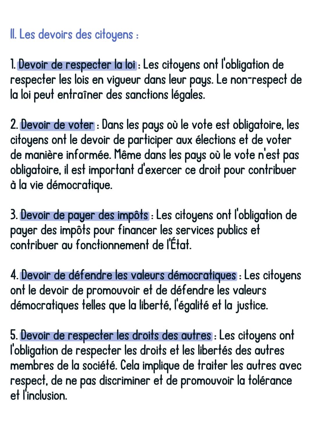 EMC
Les droits et les devoirs des
citoyens
@avoir sonbrevet
I. Les droits des citoyens :
1. Droit à la liberté : Les citoyens ont le droit d