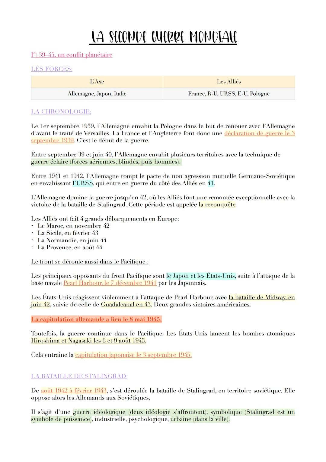# LA SECONDE GUERRE MONDIALE

1) 39-45, un conflit planétaire

LES FORCES:

| L'Axe                  | Les Alliés                      |
| -