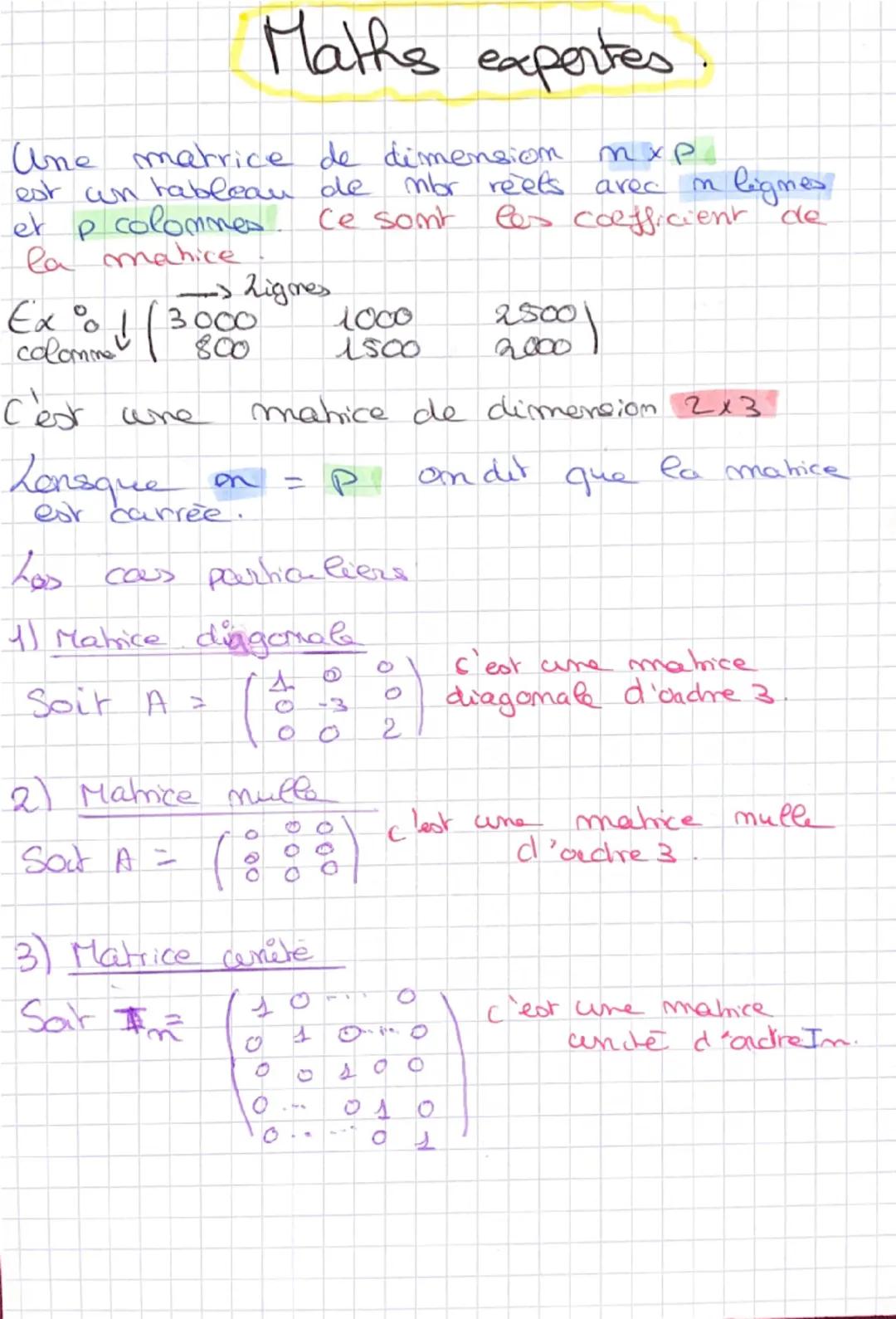 Maths expertes.
Une matrice de dimension mxp
est un tableau de mbr reets avec m lignes
et p colonnes. Ce sont les coefficient de
la matrice
