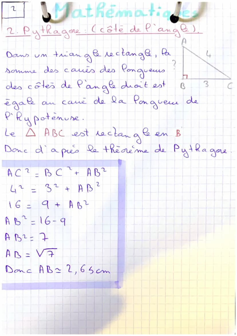 1
m
1. Pythagore: (hypotémure)
Dans um triangle rectangle,
la somme des caries des Pon - 3
ATRSU
guems des côtes de l'angle
di ont est égale
