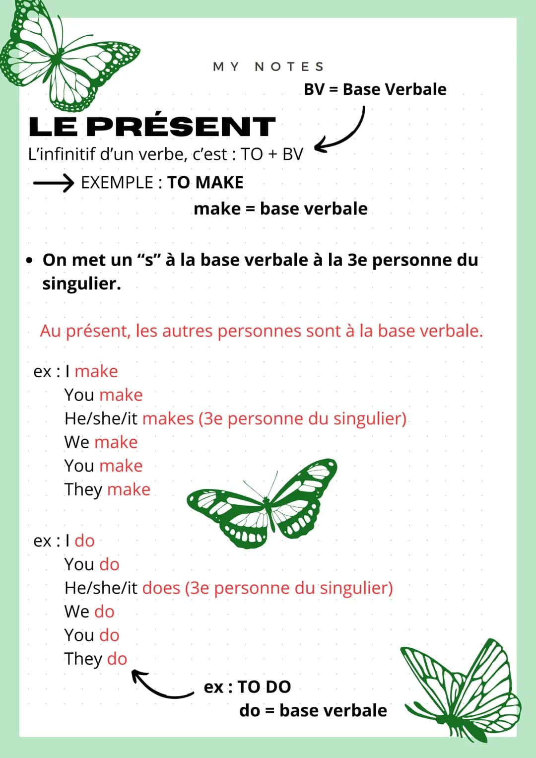 MY NOTES
LE PRÉSENT
L'infinitif d'un verbe, c'est : TO + BV
EXEMPLE: TO MAKE
You make
BV=Base Verbale
• On met un "s" à la base verbale à la
