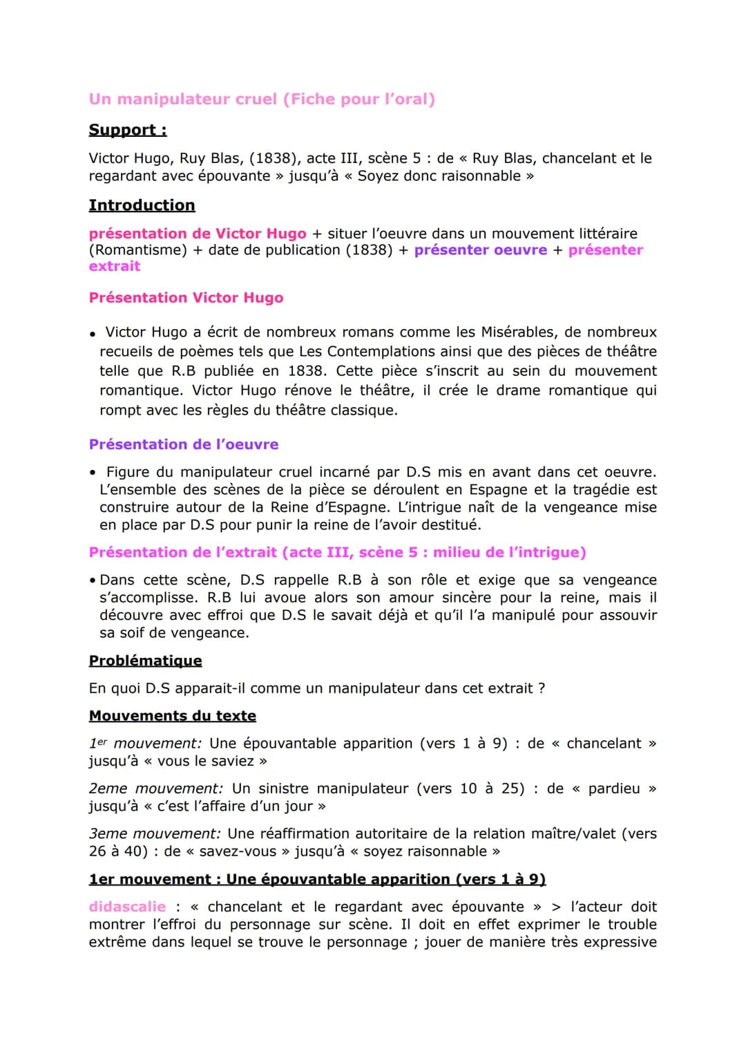 Un manipulateur cruel (Fiche pour l'oral)
Support:
Victor Hugo, Ruy Blas, (1838), acte III, scène 5 : de « Ruy Blas, chancelant et le
regard