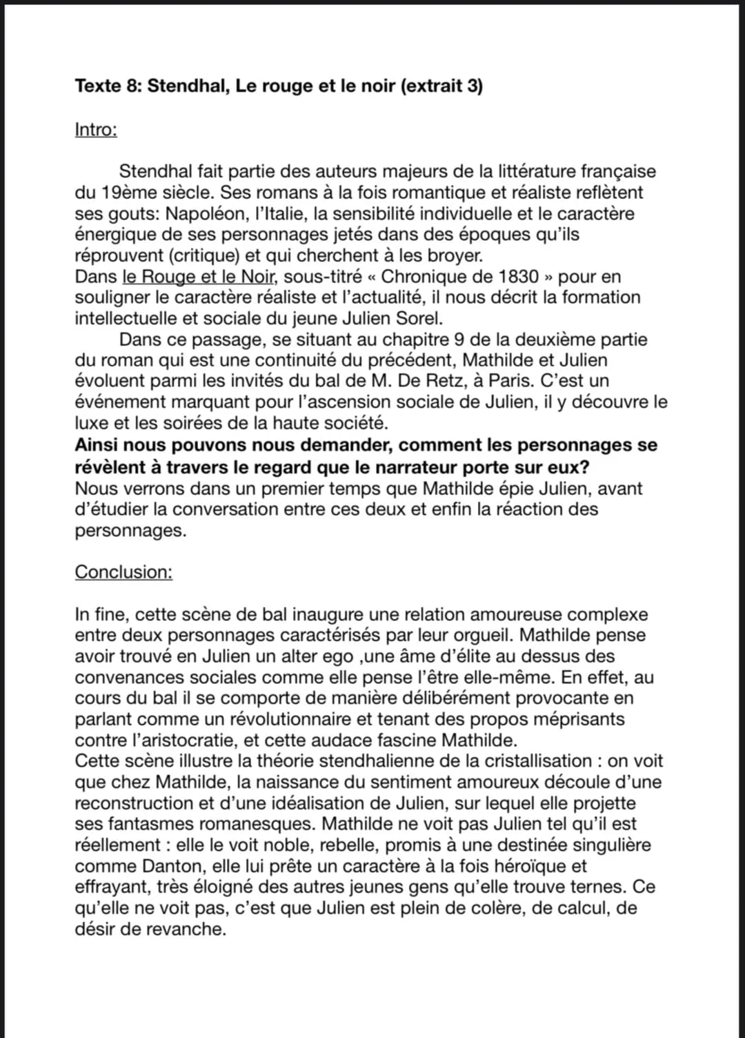 Analyse linéaire Le Rouge et le Noir chapitres 9 et 10