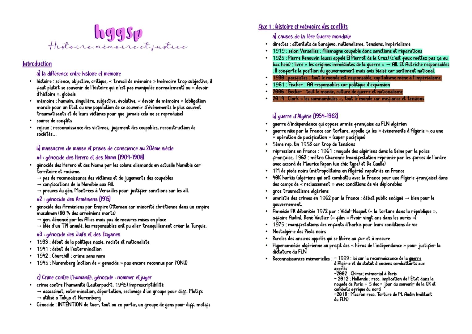 Introduction
.
hggsp
Histoire mémoire et justice.
●
a) la différence entre histoire et mémoire
histoire : science, objective, critique, « tr