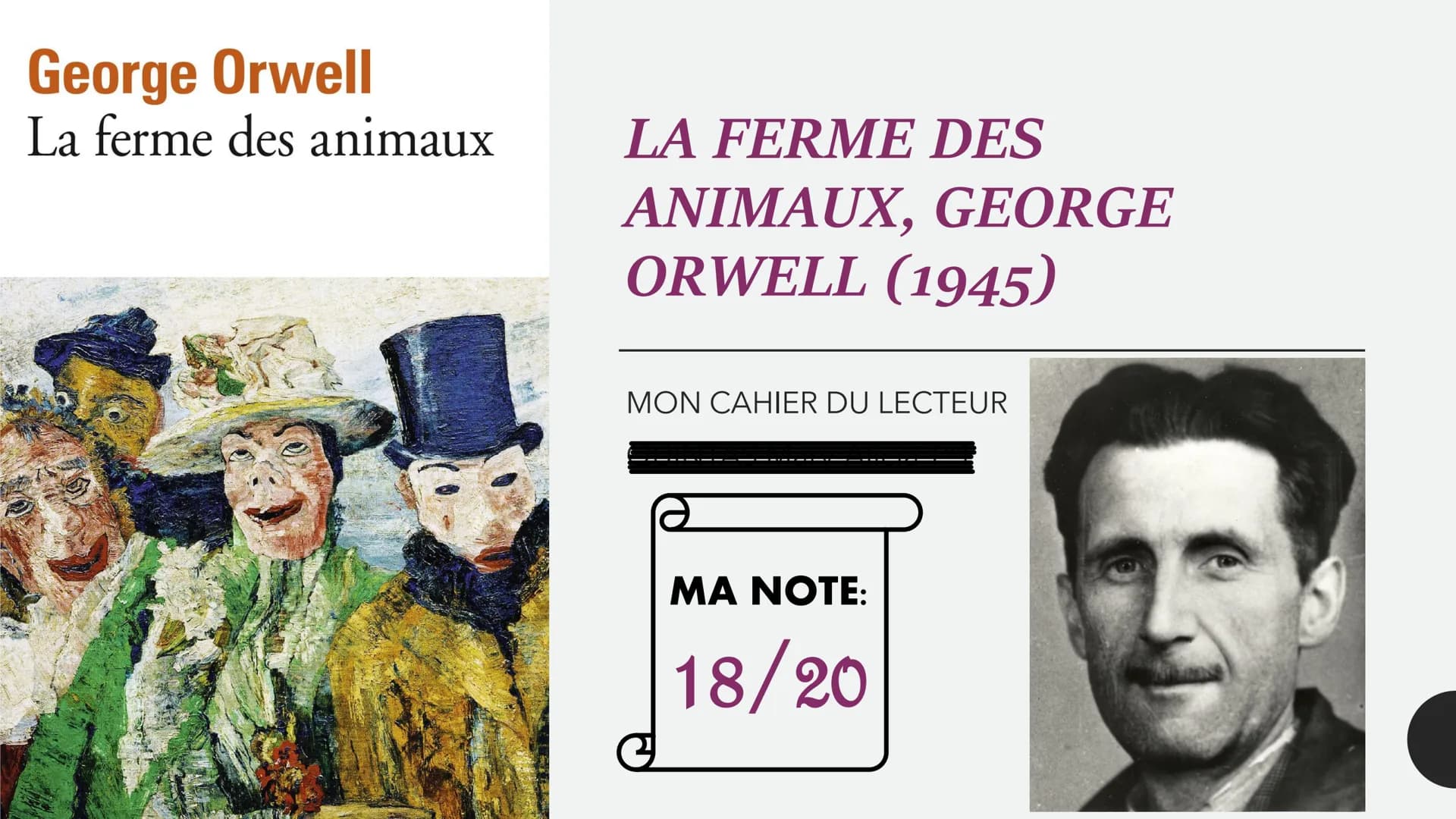 George Orwell
La ferme des animaux
LA FERME DES
ANIMAUX, GEORGE
ORWELL (1945)
MON CAHIER DU LECTEUR
MA NOTE:
18/20 BIOGRAPHIE
de l'AUTEUR
De