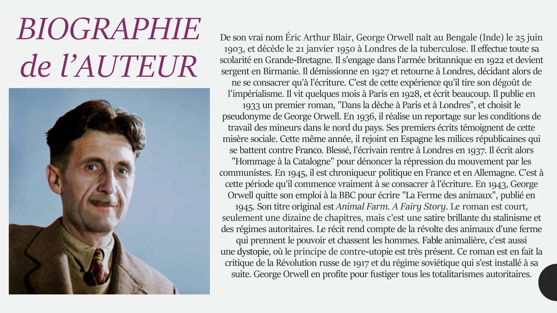 George Orwell
La ferme des animaux
LA FERME DES
ANIMAUX, GEORGE
ORWELL (1945)
MON CAHIER DU LECTEUR
MA NOTE:
18/20 BIOGRAPHIE
de l'AUTEUR
De