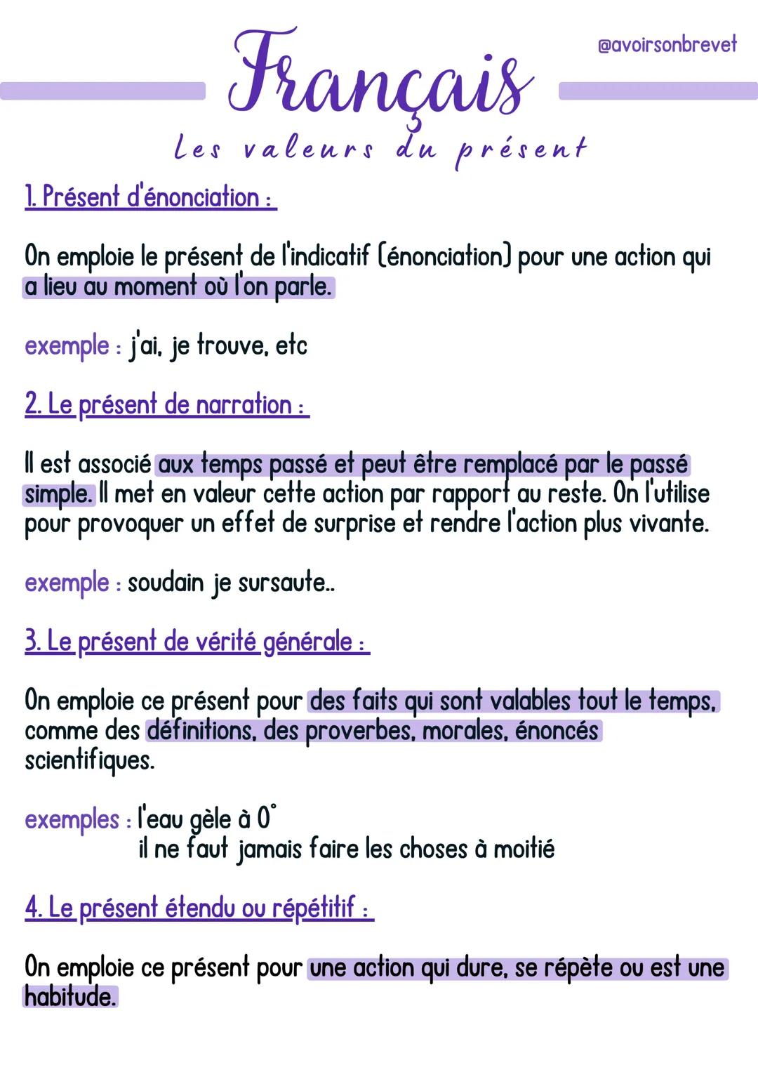 # Français
Les valeurs du présent

1. Présent d'énonciation :
@avoirsonbrevet
On emploie le présent de l'indicatif (énonciation) pour une ac