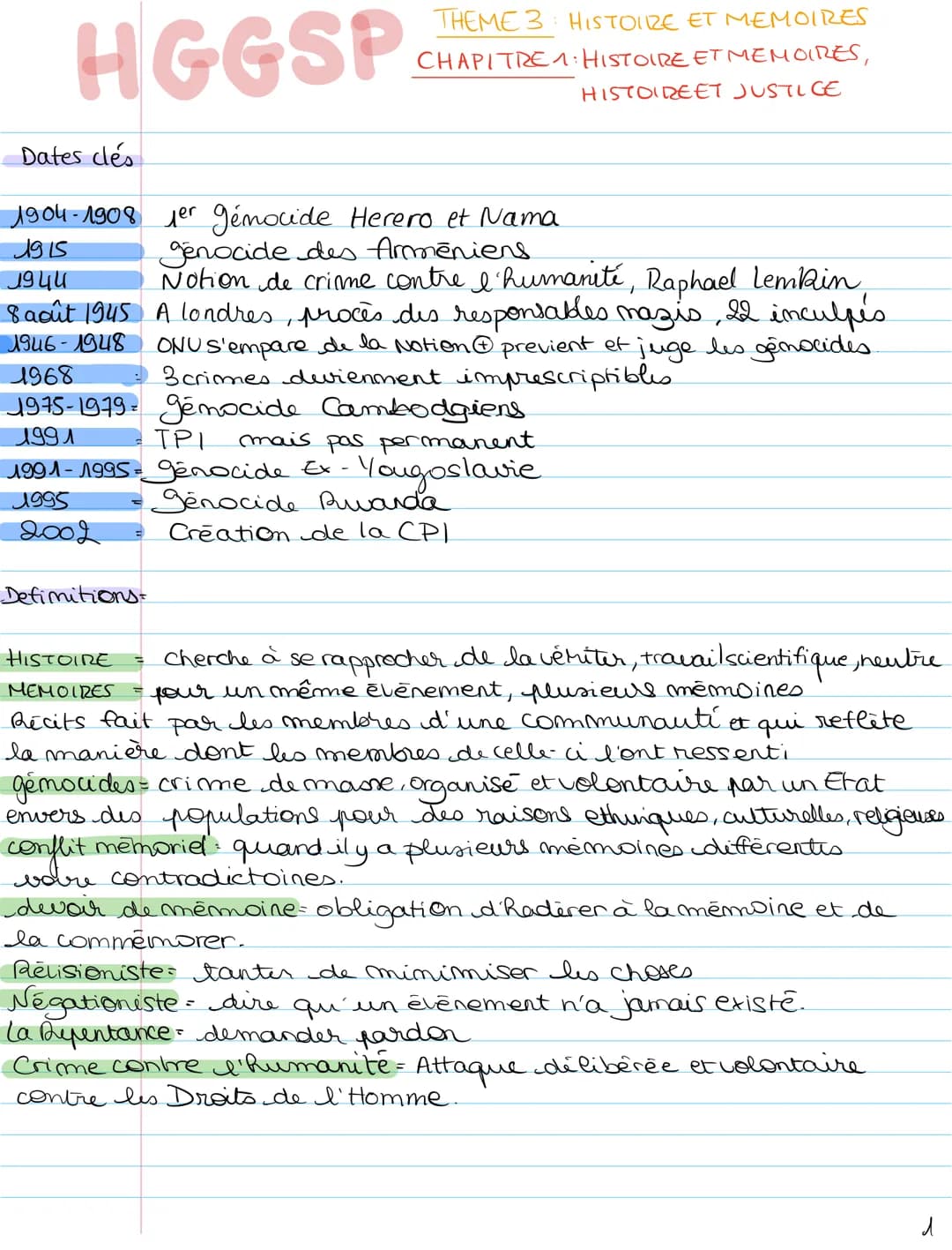 HGGSP
THEME 3 HISTOIRE ET MEMOIRES
CHAPITRE
HISTOIRE ET MEMOIRES,
HISTOIREET JUSTICE
Dates clés
1904-1908
1915
1944
1er génocide Herero et N