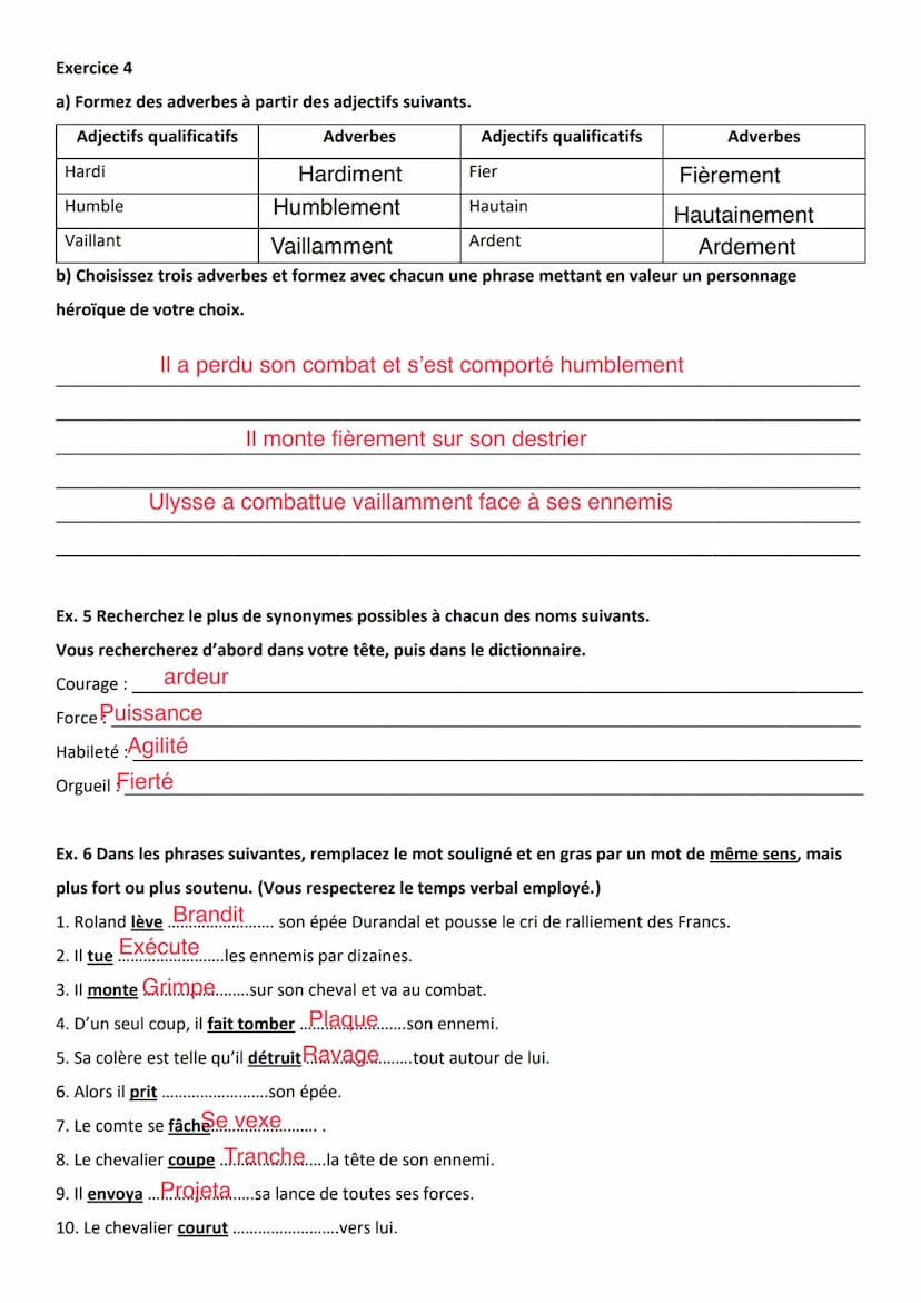Séance 2: Qualités et défauts du chevalier
Objectifs : Enrichir son vocabulaire.
Manipuler la langue (synonymes, antonymes, familles de mots