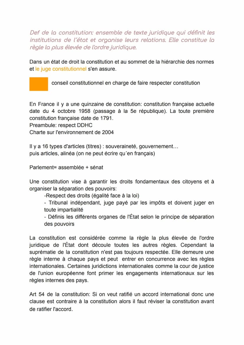L'Organisation du Droit :
1- La Constitution:
Il est important de savoir que l'état de droit garantie la démocratie
L'état de droit respect 