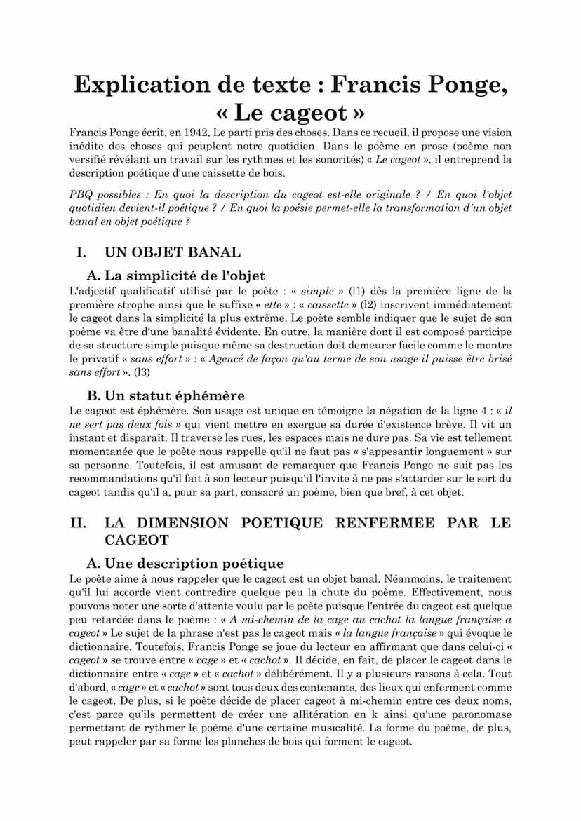 << Le cageot >>
Le Parti pris des choses, FRANCIS PONGE Explication de texte : Francis Ponge,
« Le cageot >>
Francis Ponge écrit, en 1942, L