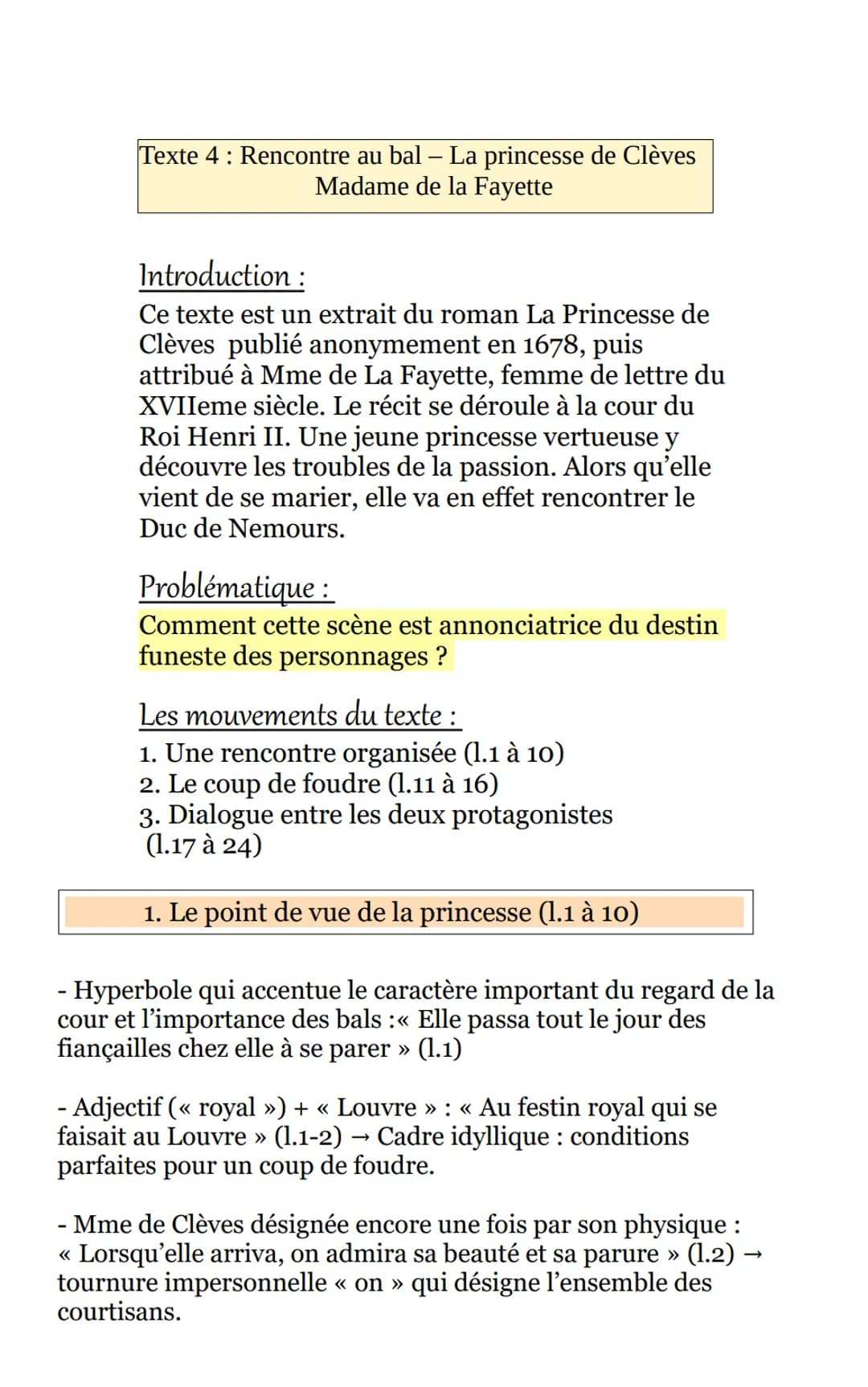 Texte 4: Rencontre au bal – La princesse de Clèves
Madame de la Fayette
Introduction :
Ce texte est un extrait du roman La Princesse de
Clèv