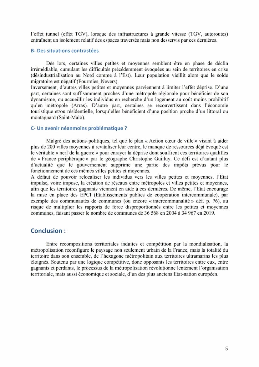 Cours Géo / Thème 1 : La métropolisation : un processus mondial
différencié
Question spécifique sur la France :
La France, la métropolisatio