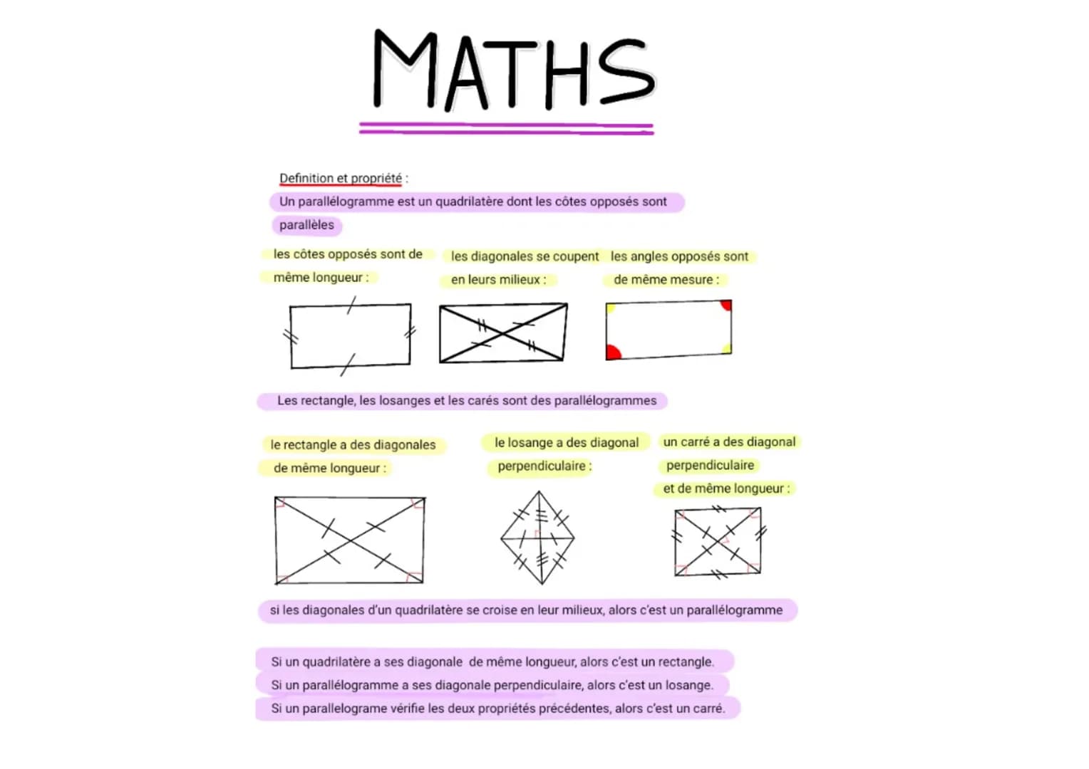 MATHS
Definition et propriété :
Un parallelogramme est un quadrilatère dont les côtes opposés sont
parallèles
les côtes opposés sont de
même