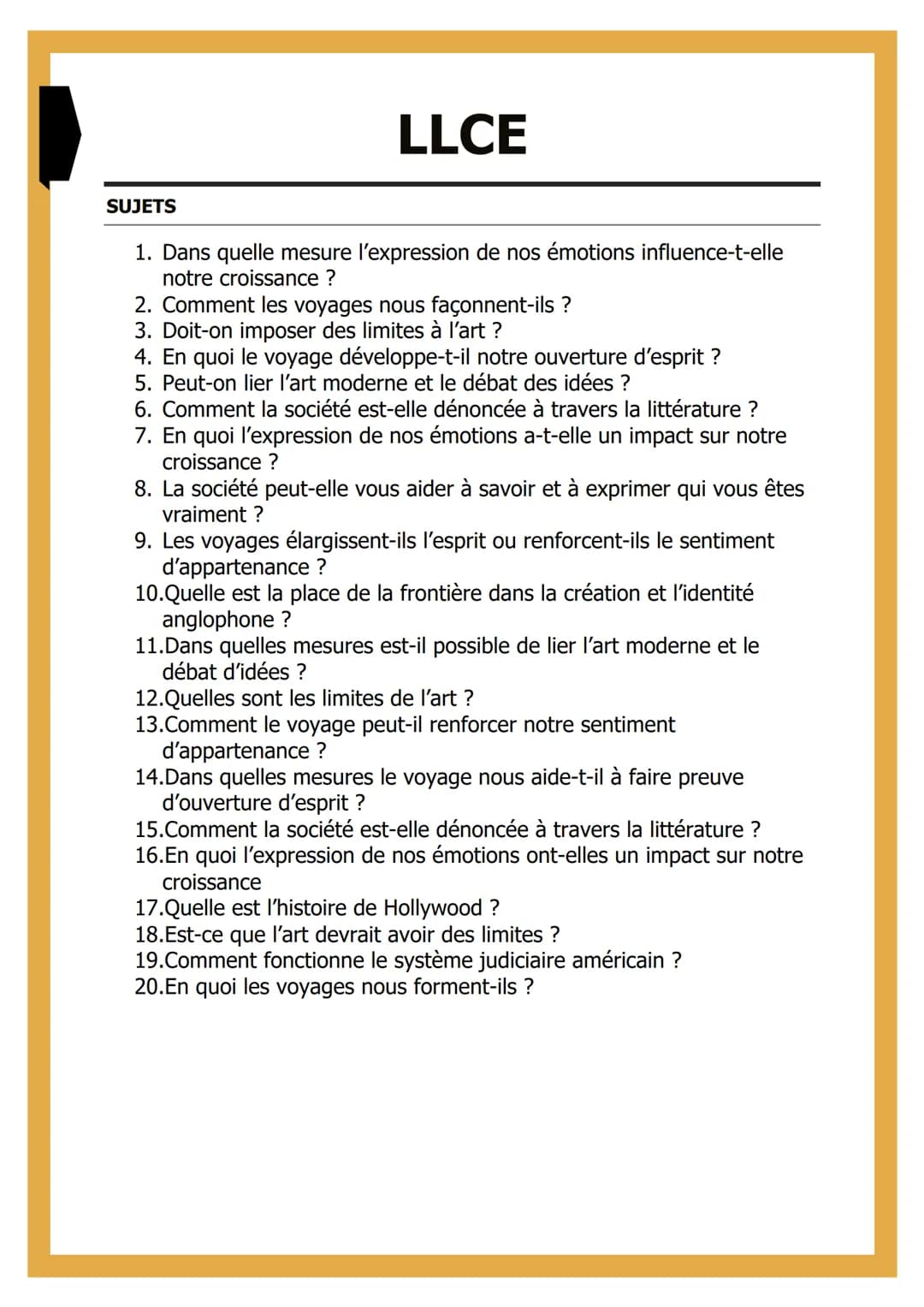 SUJETS
LLCE
1. Dans quelle mesure l'expression de nos émotions influence-t-elle
notre croissance ?
2. Comment les voyages nous façonnent-ils