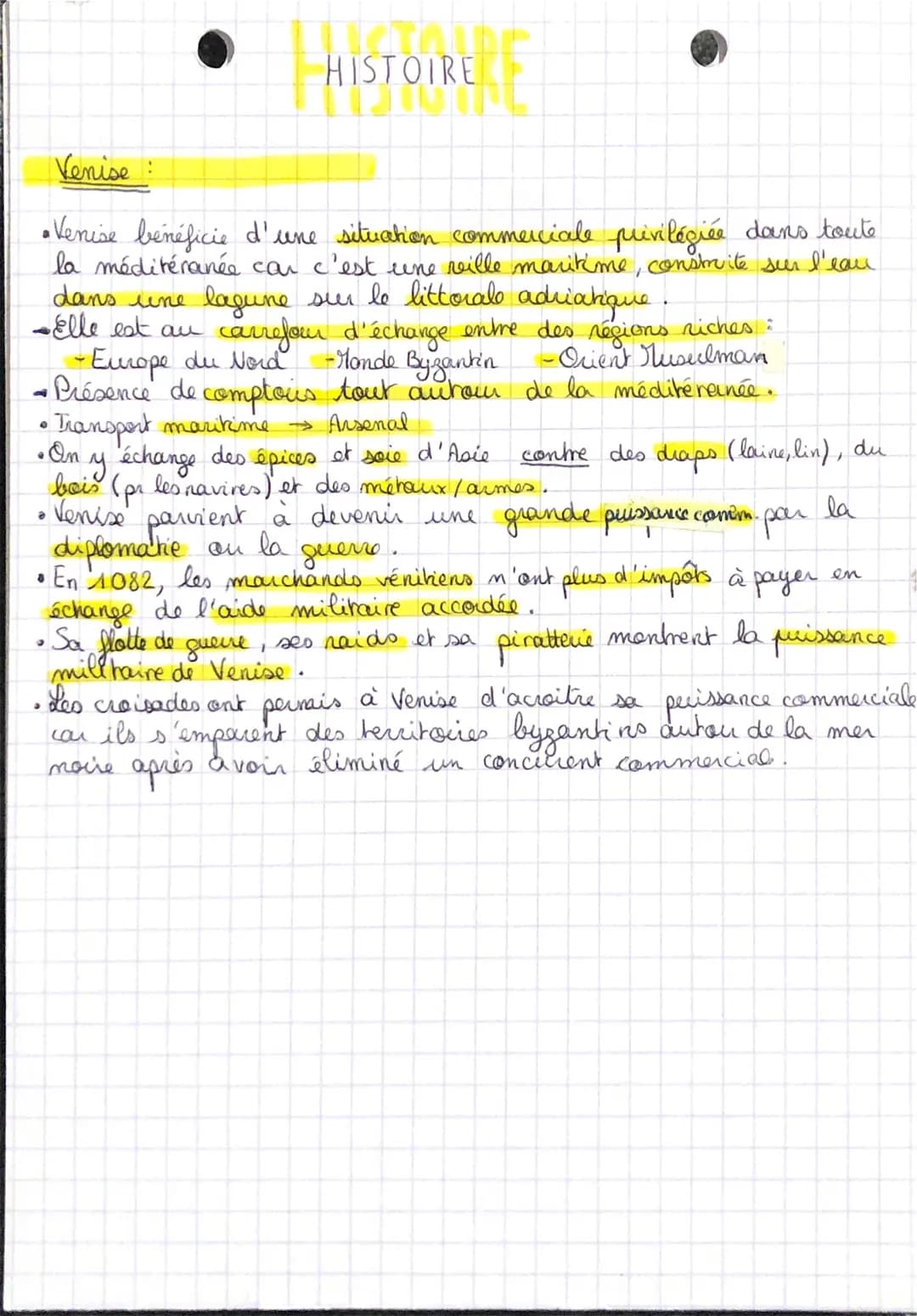 DIRERE
ə
HISTOIRE
Venise :
• Venise bénéficie d'une situation commerciale privilégiée dans toute
la méditéranée car c'est une ville maritime
