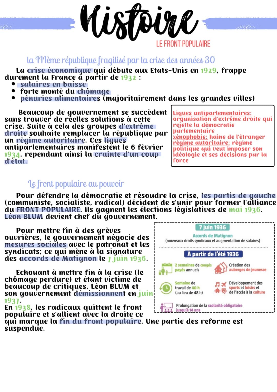 Mistoire
LE FRONT POPULAIRE
la 111ème république fragilisé par la crise des années 30
La crise économique qui débute aux Etats-Unis en 1929,