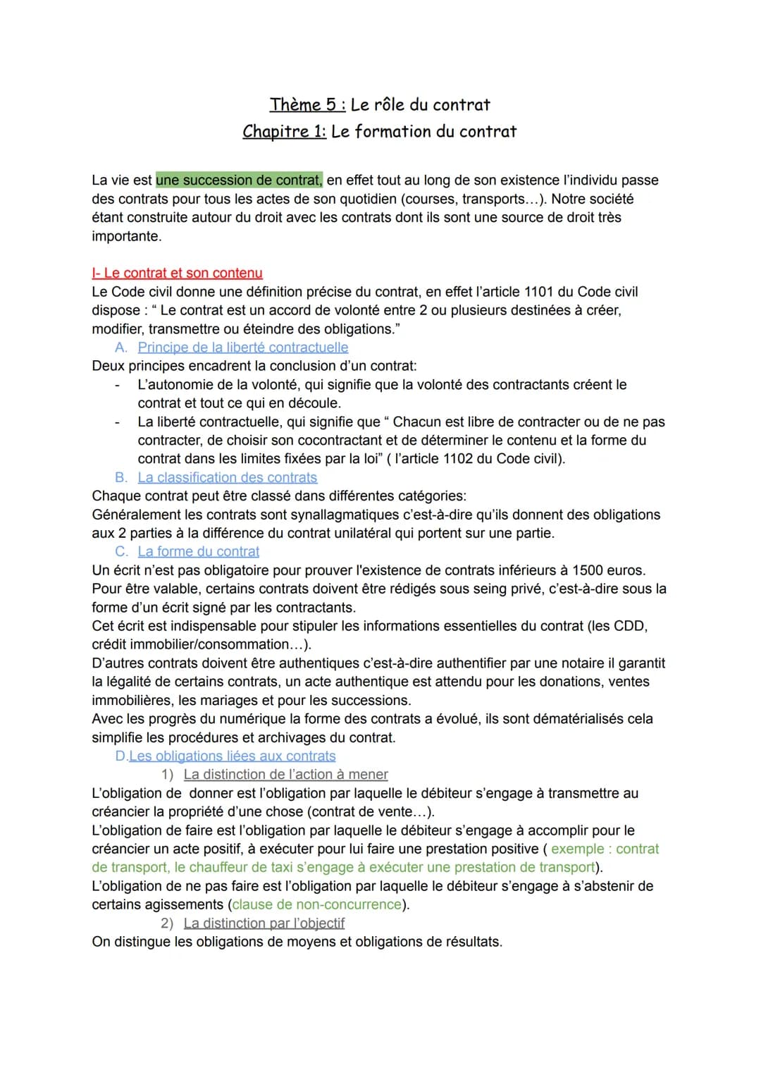 Thème 5: Le rôle du contrat
Chapitre 1: Le formation du contrat
La vie est une succession de contrat, en effet tout au long de son existence