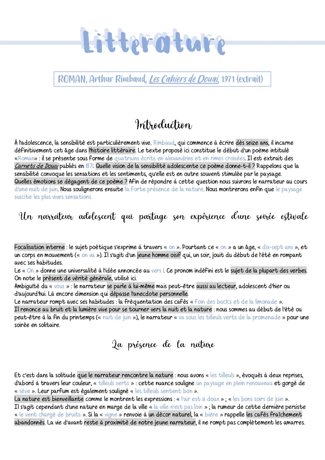 Analyse Linéaire Roman de Rimbaud - Poème et Thème