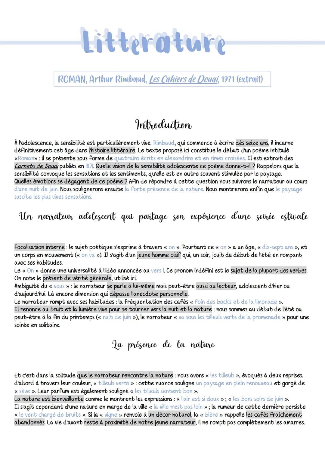 Litterature
ROMAN, Arthur Rimbaud, Les Cahiers de Douai, 1971 (extrait)
Introduction
À l'adolescence, la sensibilité est particulièrement vi