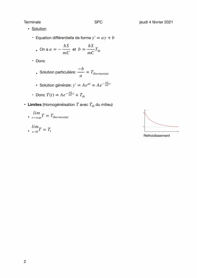 Terminale
Loi thermique de Newton
Sujet général
Situation de loi thermique
• Milieu à temperature constante + Tthermostat
Corps homogène + T