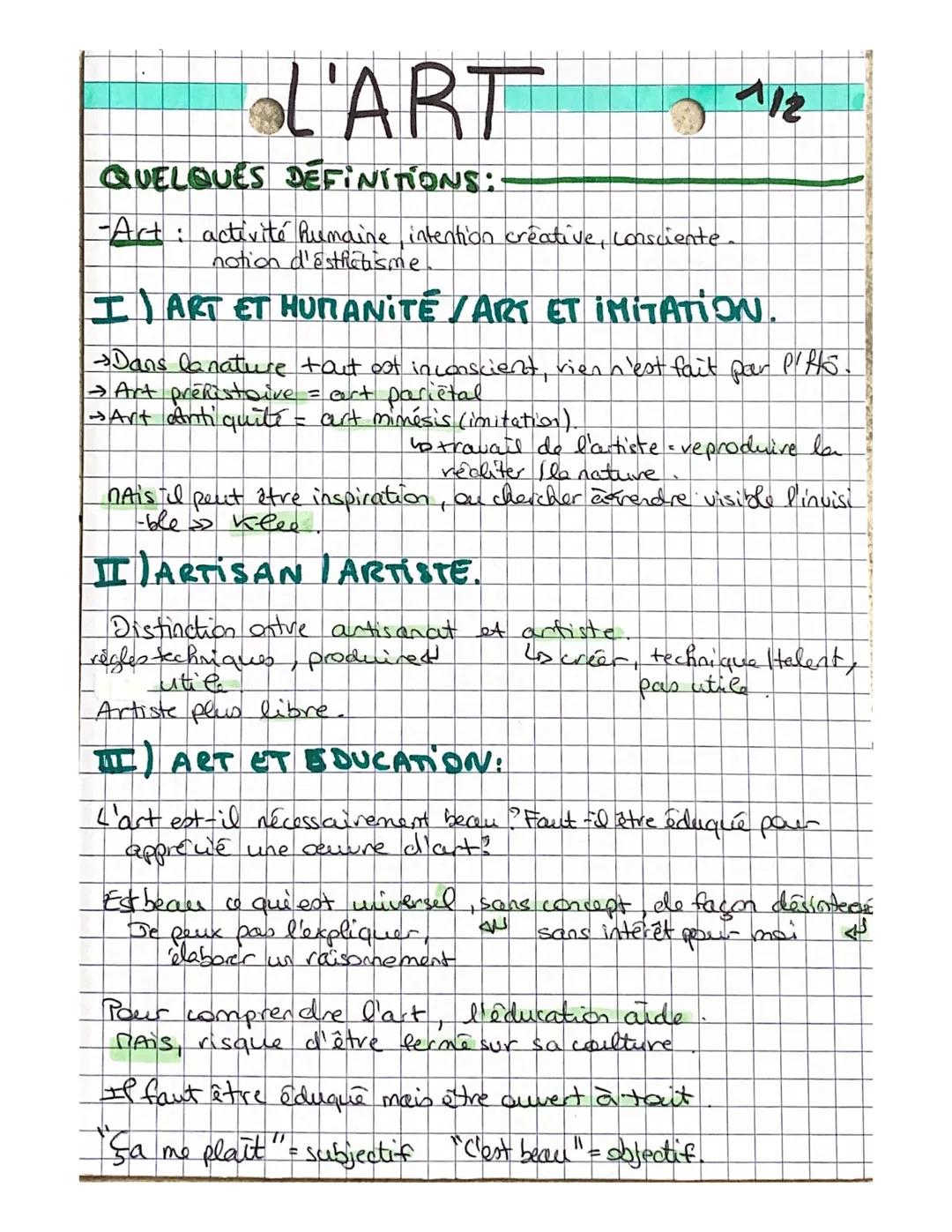 # L'ART

QUELQUES DEFINITIONS:-

-Act: activité humaine, intention creative, consciente

 notion d'estrictisme.

1/12

I) ART ET HUMANITE/AR