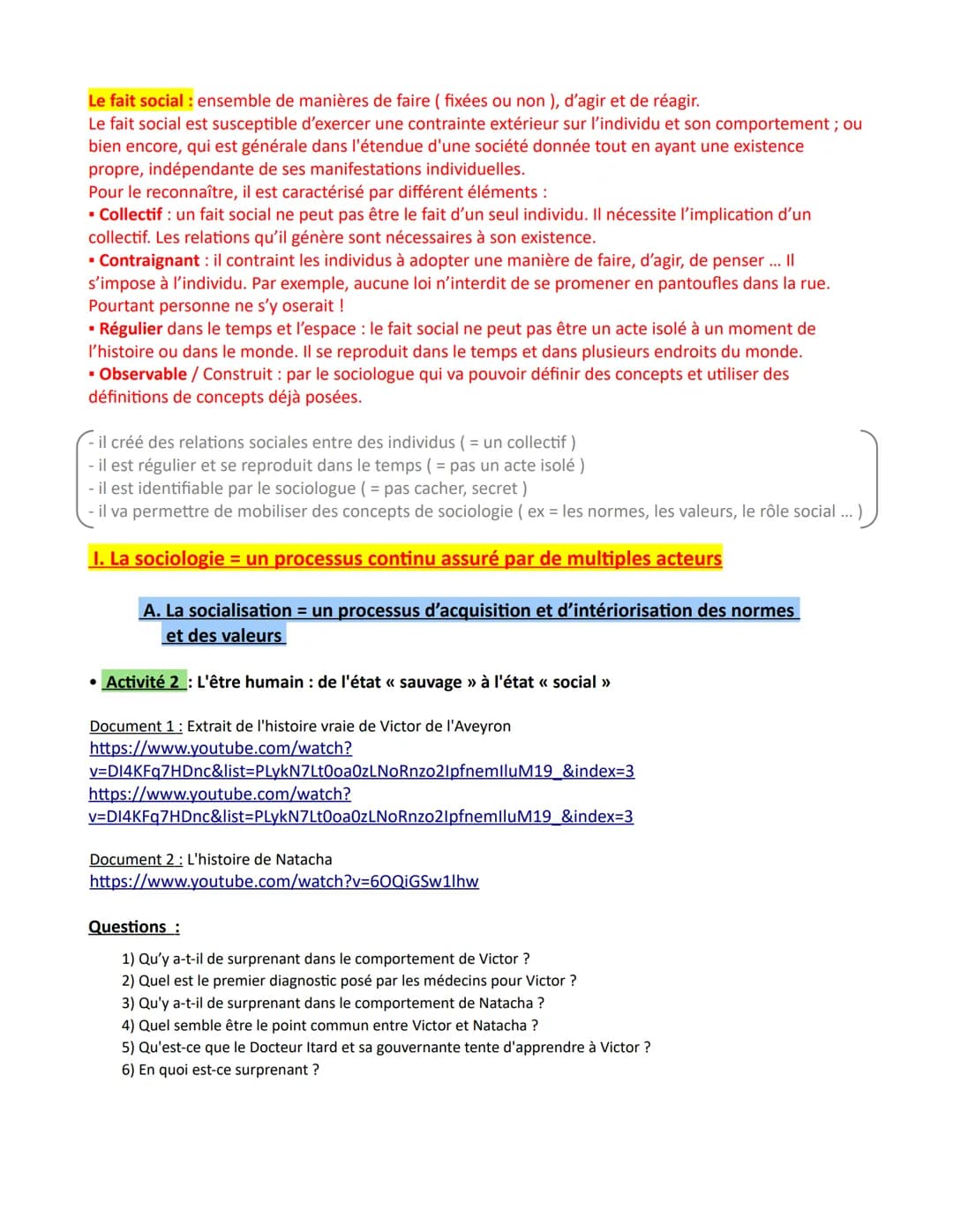 Chapitre 2- La socialisation
Les objectifs du chapitre :
- Savoir que la socialisation est un processus continu tout au long de la vie de l'