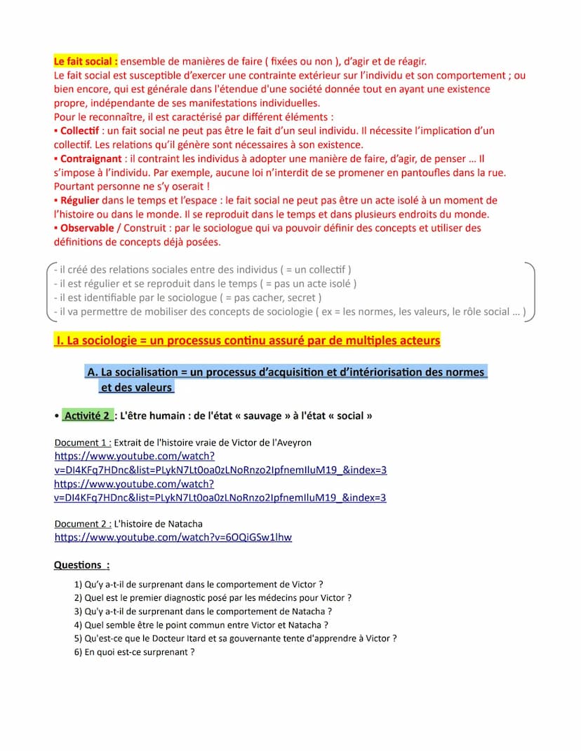 Chapitre 2- La socialisation
Les objectifs du chapitre :
- Savoir que la socialisation est un processus continu tout au long de la vie de l'