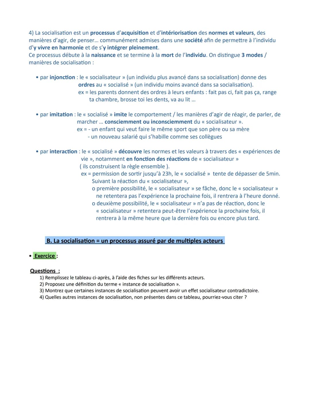 Chapitre 2- La socialisation
Les objectifs du chapitre :
- Savoir que la socialisation est un processus continu tout au long de la vie de l'