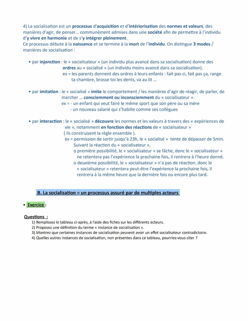 Chapitre 2- La socialisation
Les objectifs du chapitre :
- Savoir que la socialisation est un processus continu tout au long de la vie de l'