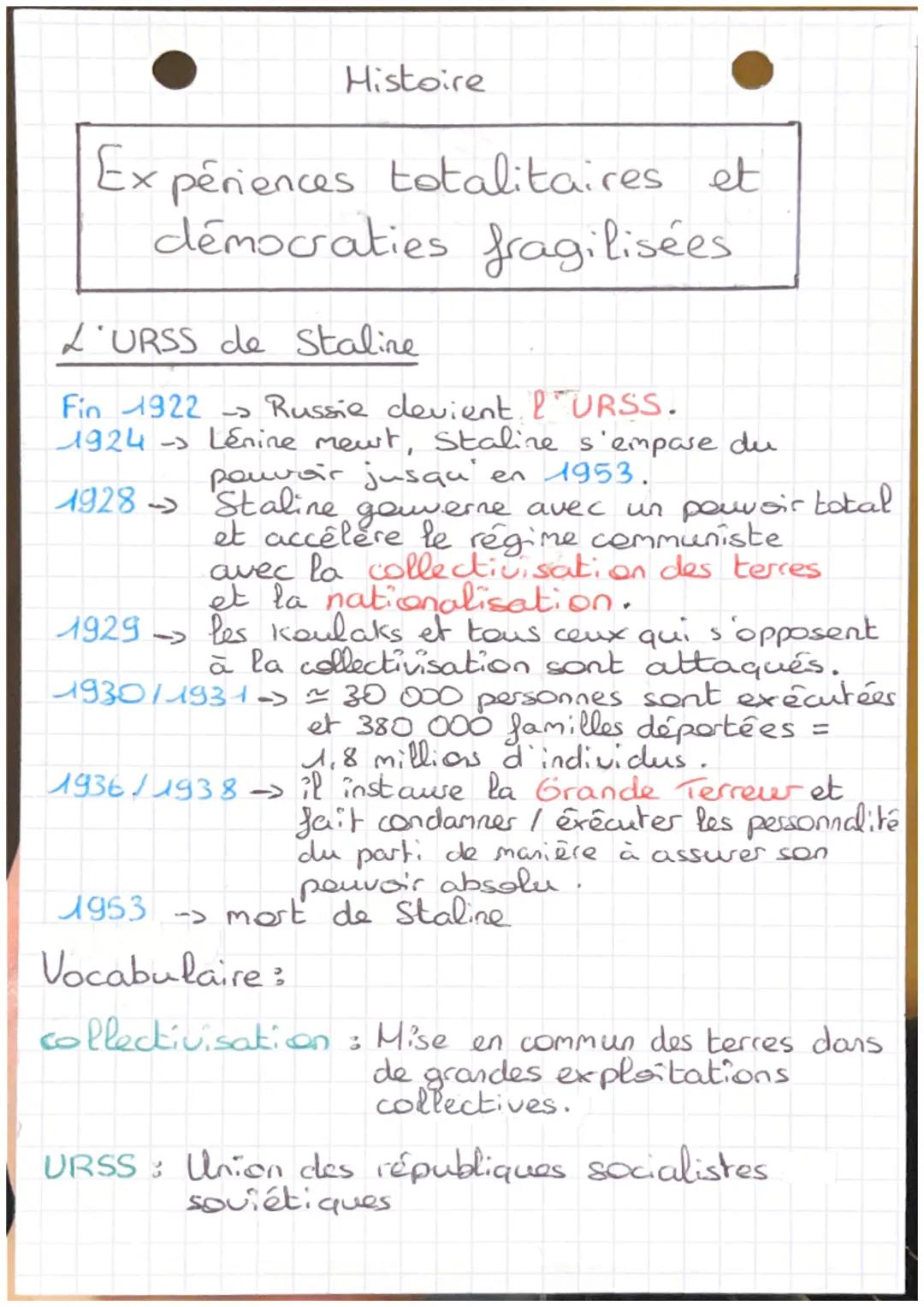 Histoire
Expériences totalitaires et
démocraties fragilisées
L'URSS de Staline
Fin 1922 Russie devient. I URSS.
1924-> Lenine mewt, Staline 