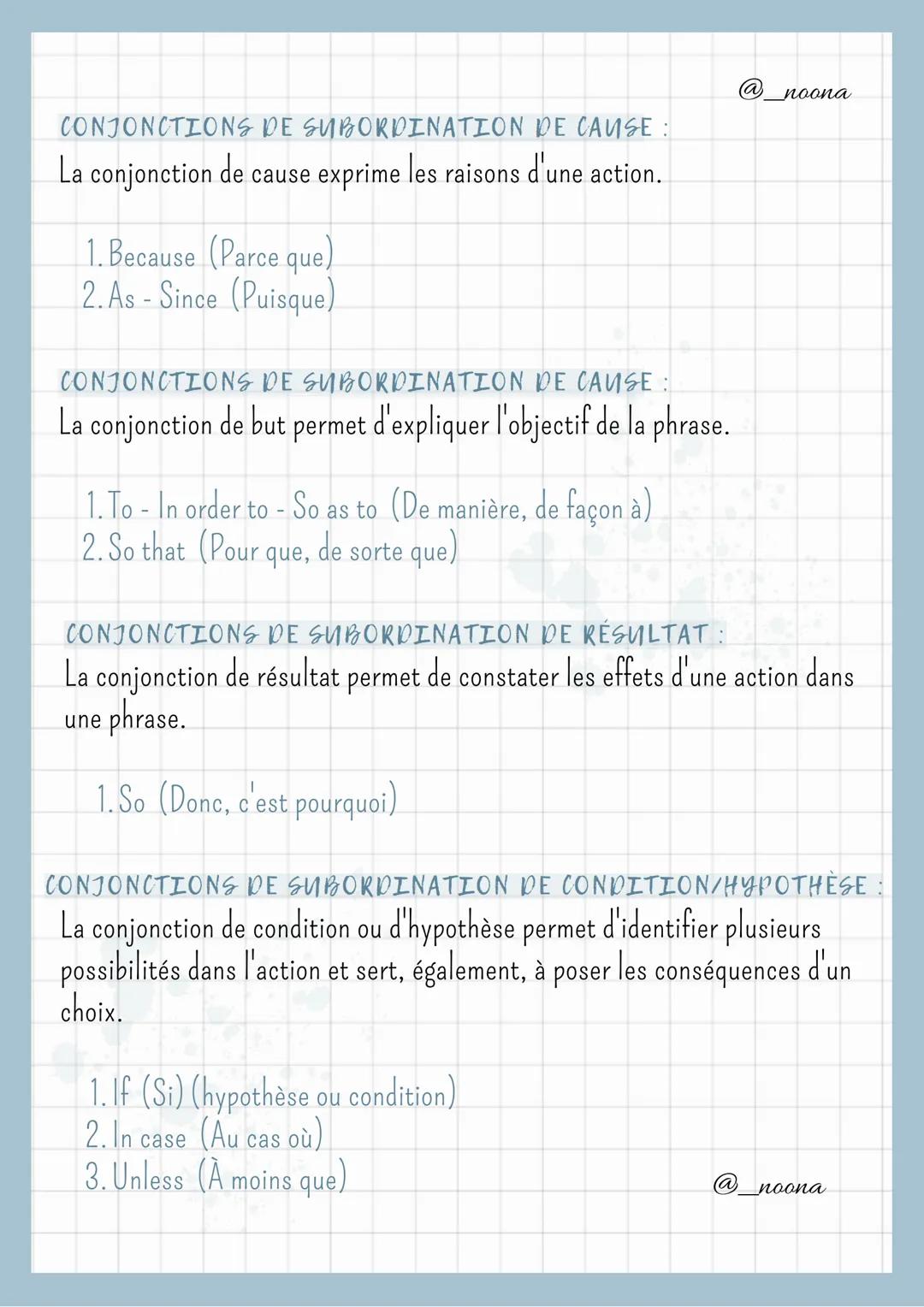 Les Conjonctions
CONJONCTIONS DE COORDINATION SIMPLES:
Le terme mnémotechnique "FANBOYS".
1. For (Car)
2. And (Et)
3. Nor (Ni)
4. But (Mais)