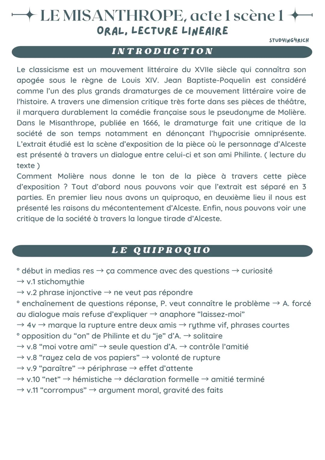 LE MISANTHROPE, acte 1 scène 1+
ORAL, LECTURE LINEAIRE
INTRODUCTION
Le classicisme est un mouvement littéraire du XVIIe siècle qui connaîtra