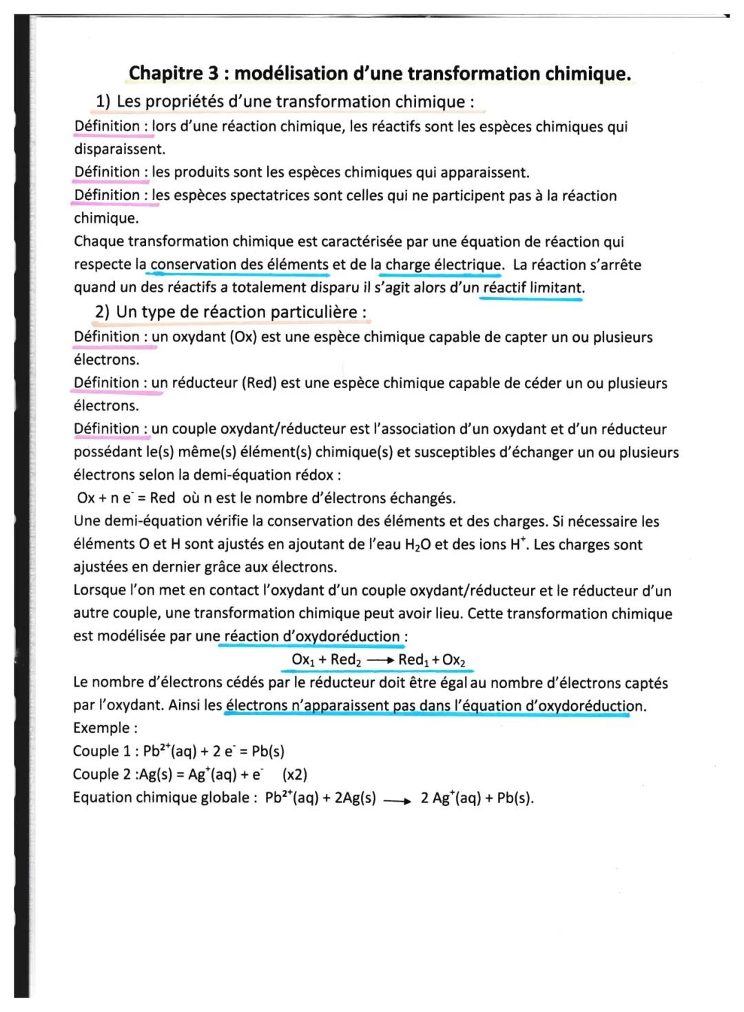 Modélisation des Transformations Chimiques 1ère Spé - Exercices et Cours