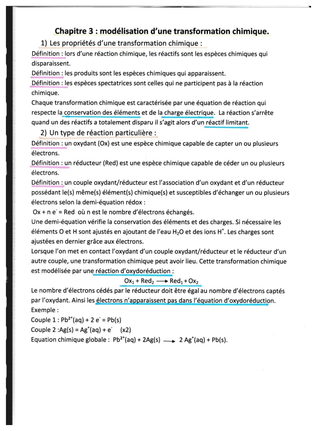 Chapitre 3 : modélisation d'une transformation chimique.
1) Les propriétés d'une transformation chimique :
Définition : lors d'une réaction 