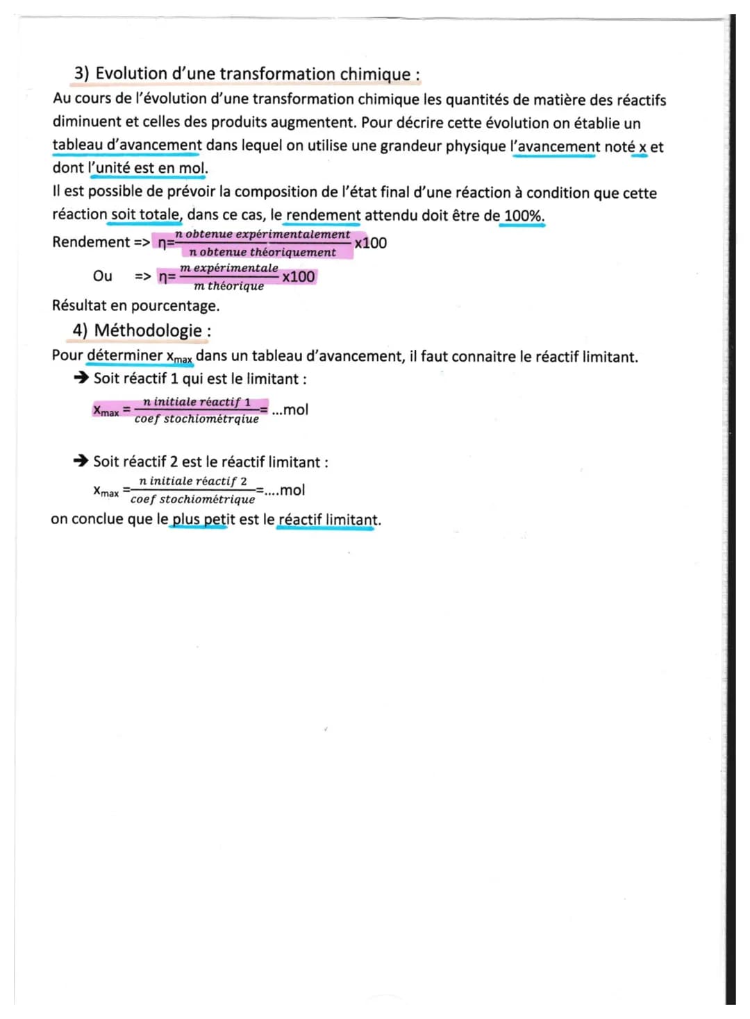 Chapitre 3 : modélisation d'une transformation chimique.
1) Les propriétés d'une transformation chimique :
Définition : lors d'une réaction 