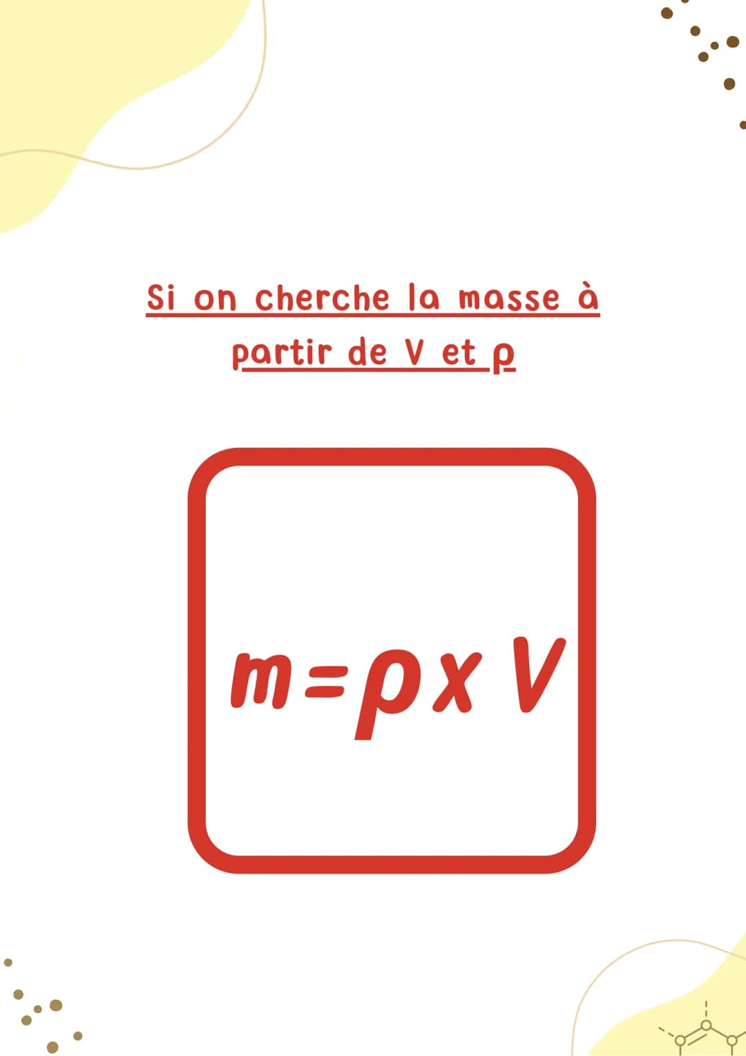 MASSE
VOLUMIQUE
Physique-Chimie р
masse volumique
kg/m³ OU kg/L
masse
kg
m
V
volume
m³ OU L Si on cherche la masse à
partir de V et p
m=px v
