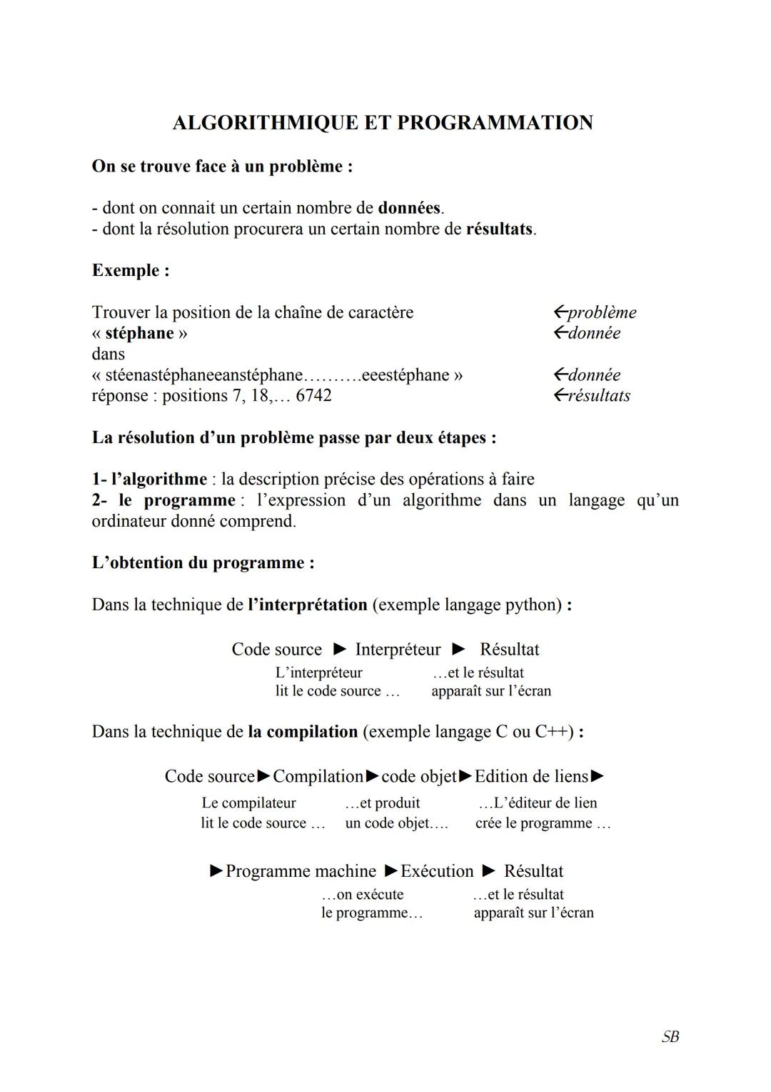 ALGORITHMIQUE ET PROGRAMMATION
On se trouve face à un problème :
- dont on connait un certain nombre de données.
dont la résolution procurer