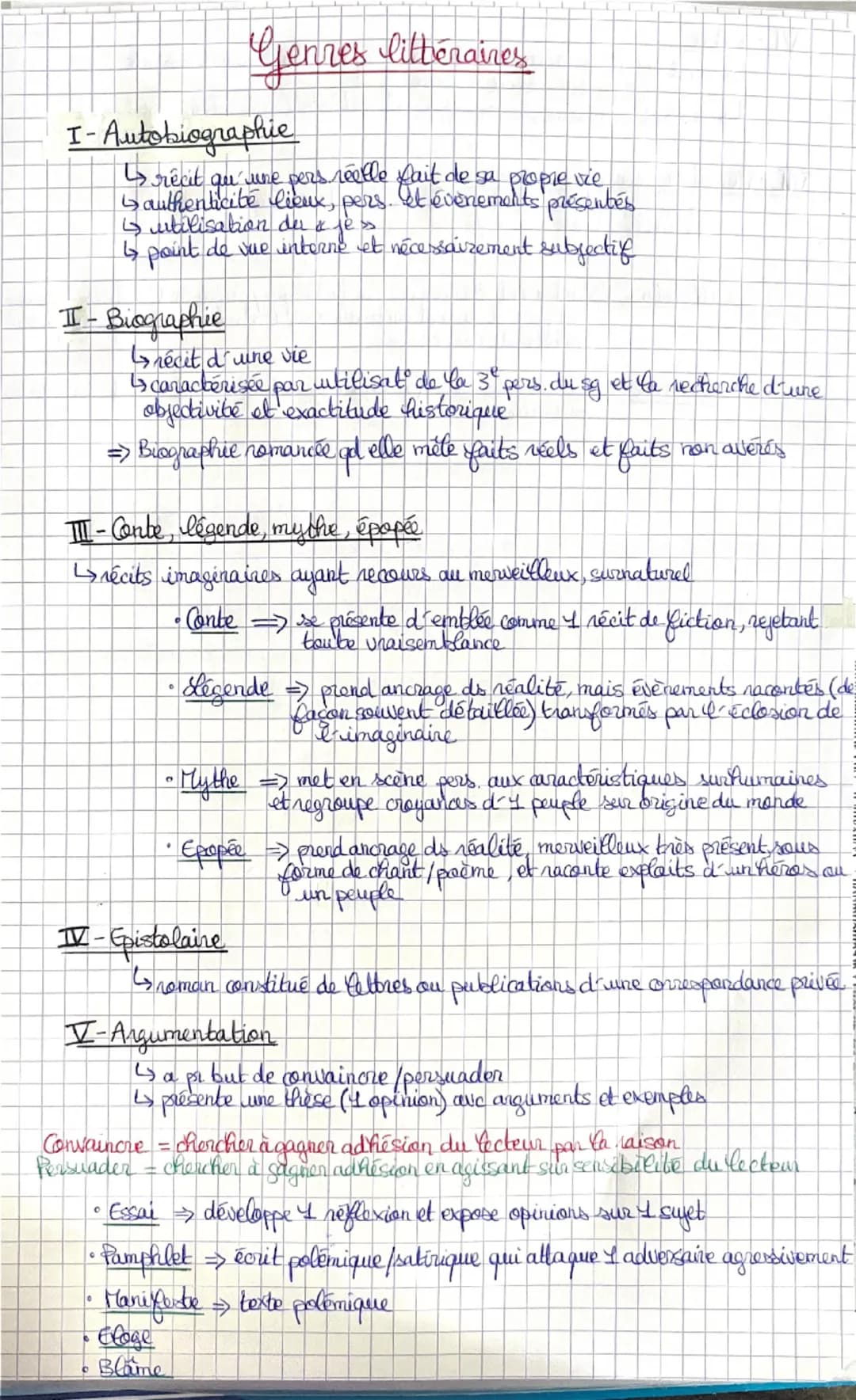 Genres littéraires
I- Autobiographie
↳ récit qu' une pers réelle fait de sa propre vie
Gauthenticité lieux, pers. It evenements présentés
↳ 
