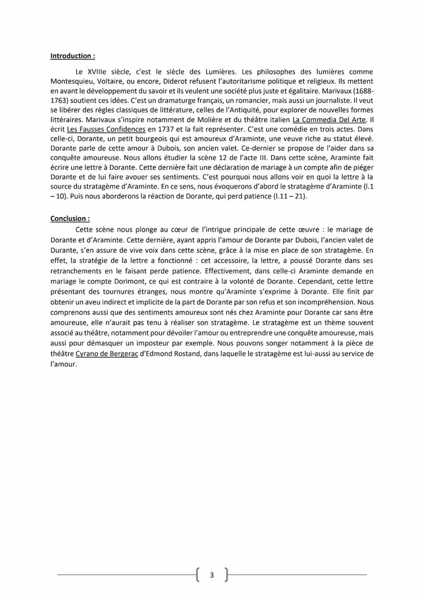 Français: Texte 2
La fausse lettre : acte II, scène 13, Les Fausses confidences, Marivaux (1737)
Situation de l'extrait : Araminte décide de