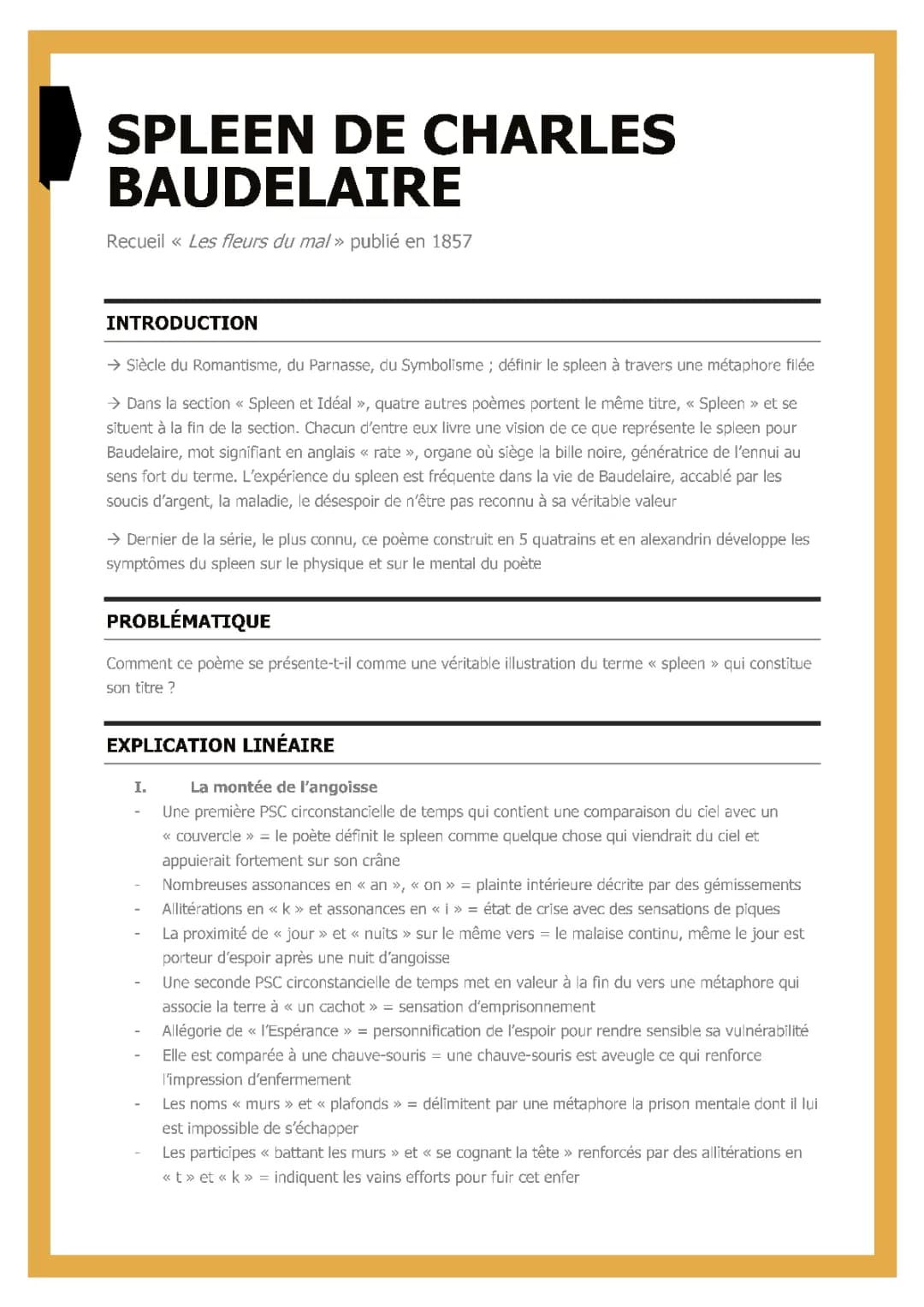 Analyse linéaire les fleurs du mal - spleen