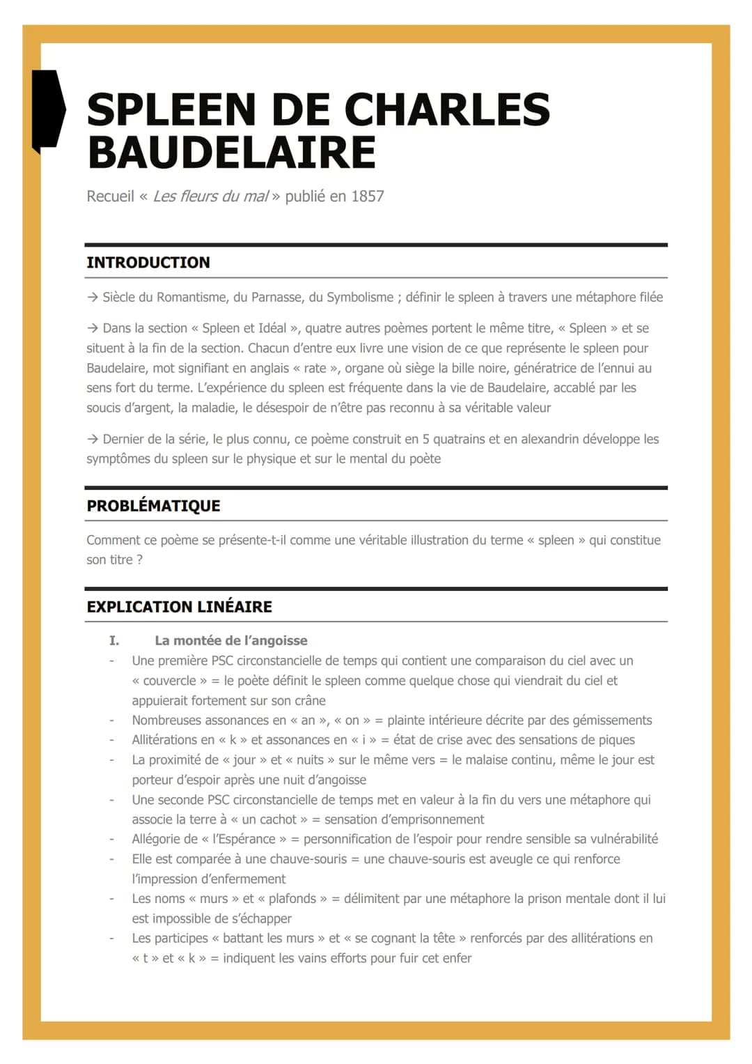 SPLEEN DE CHARLES
BAUDELAIRE
Recueil << Les fleurs du mal » publié en 1857
INTRODUCTION
→ Siècle du Romantisme, du Parnasse, du Symbolisme; 