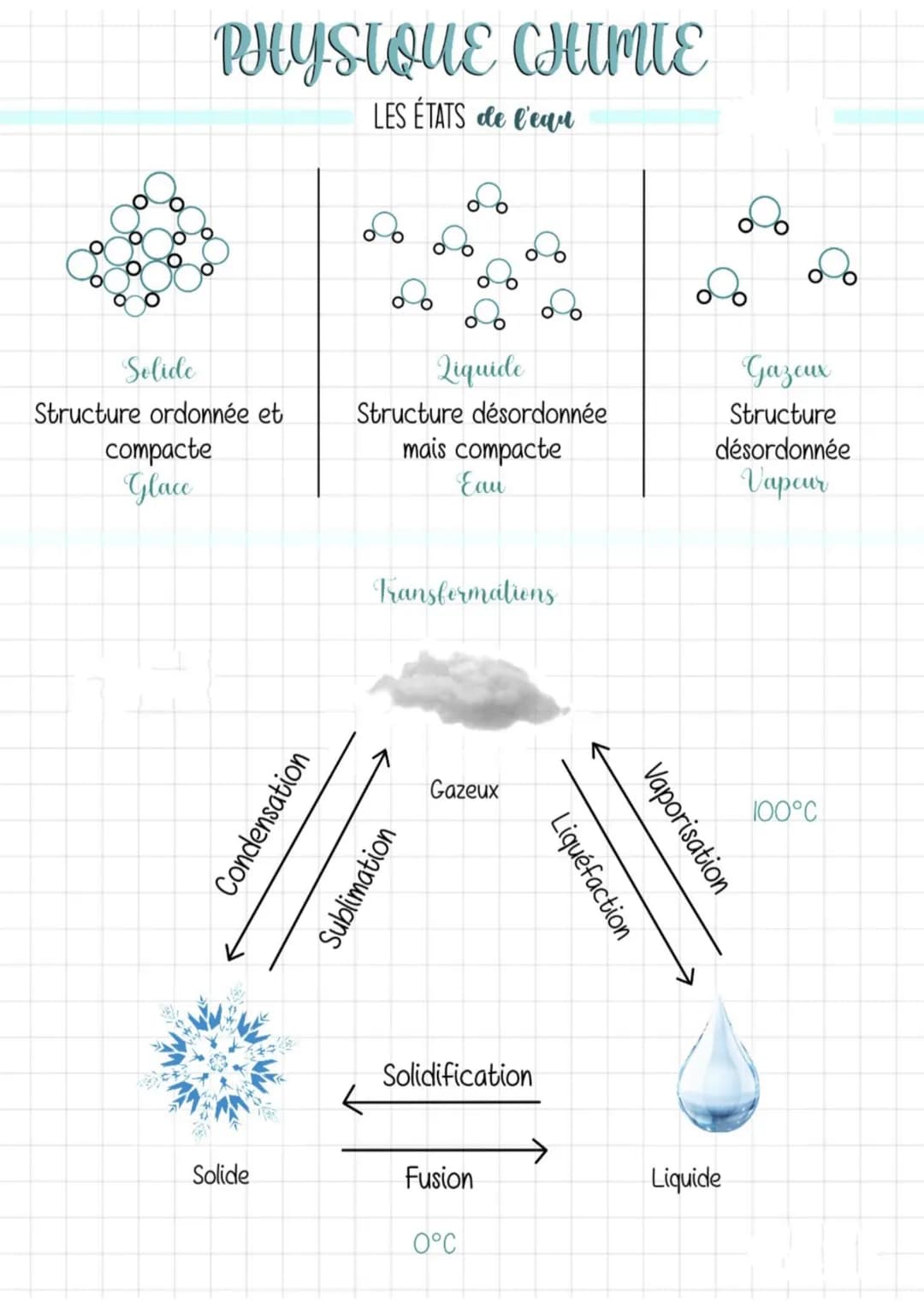 PHYSIQUE CHIMIE
LES ÉTATS de l'ea
Solide
Structure ordonnée et
compacte
Glace
Solide
Condensation
D
L D
Liquide
Structure désordonnée
mais c