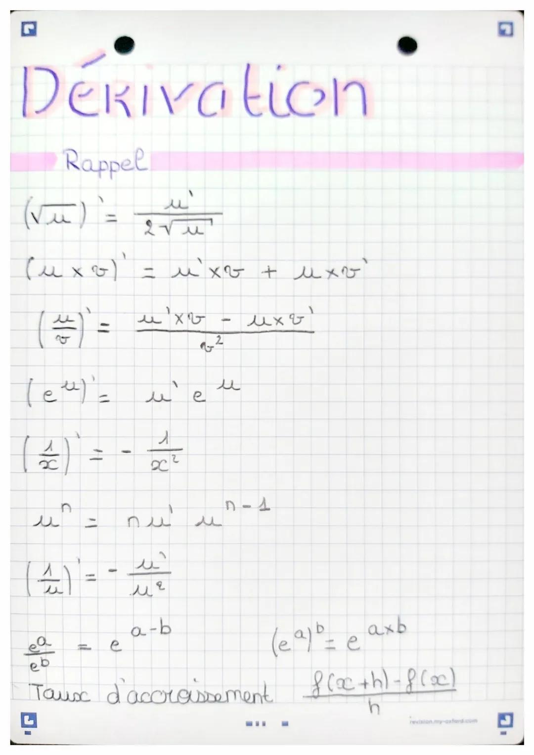Derivation
(vi)`=
(uxo)"
Rappel
۔ شرر
u
(4) -
ea
11
eb
(et)' = u'e
(4)
- A
2
-
2 vu
=
e
اند
ند - اسند
سم
شید
u`xv + u xv
ма
a-b
9.2
u
(ea) b