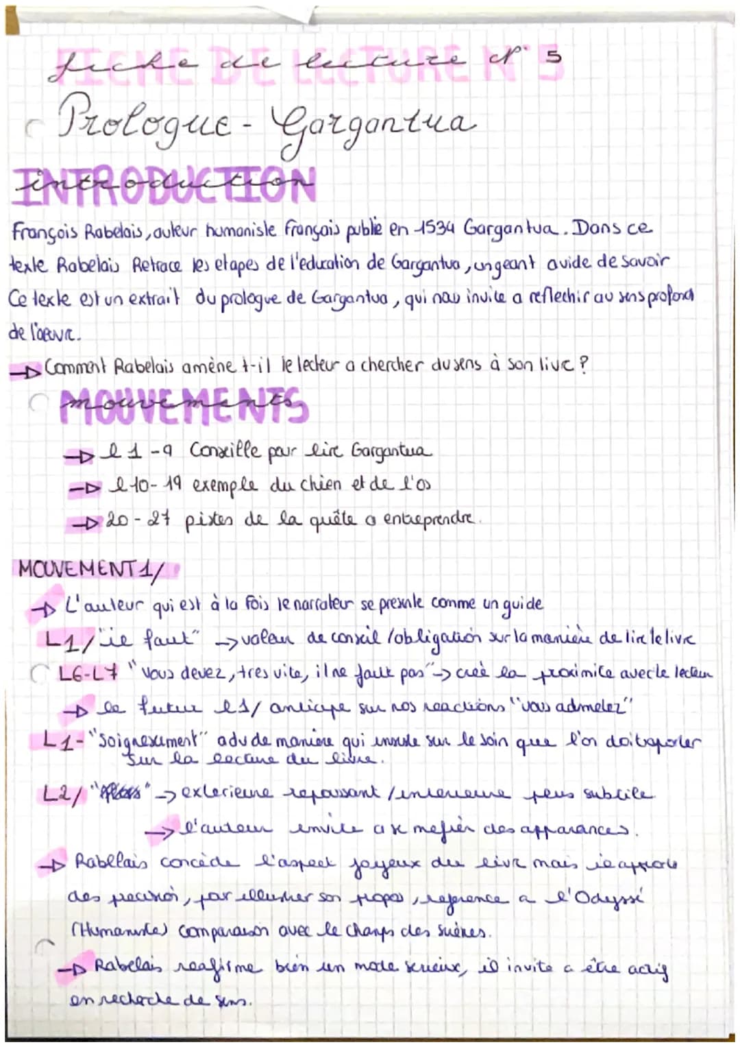 fiche de lecture of 5
Prologue - Gorgontua
INTRODUCTION
François Rabelais, auteur humaniste français publie en 1534 Gargantua. Dans ce
texte