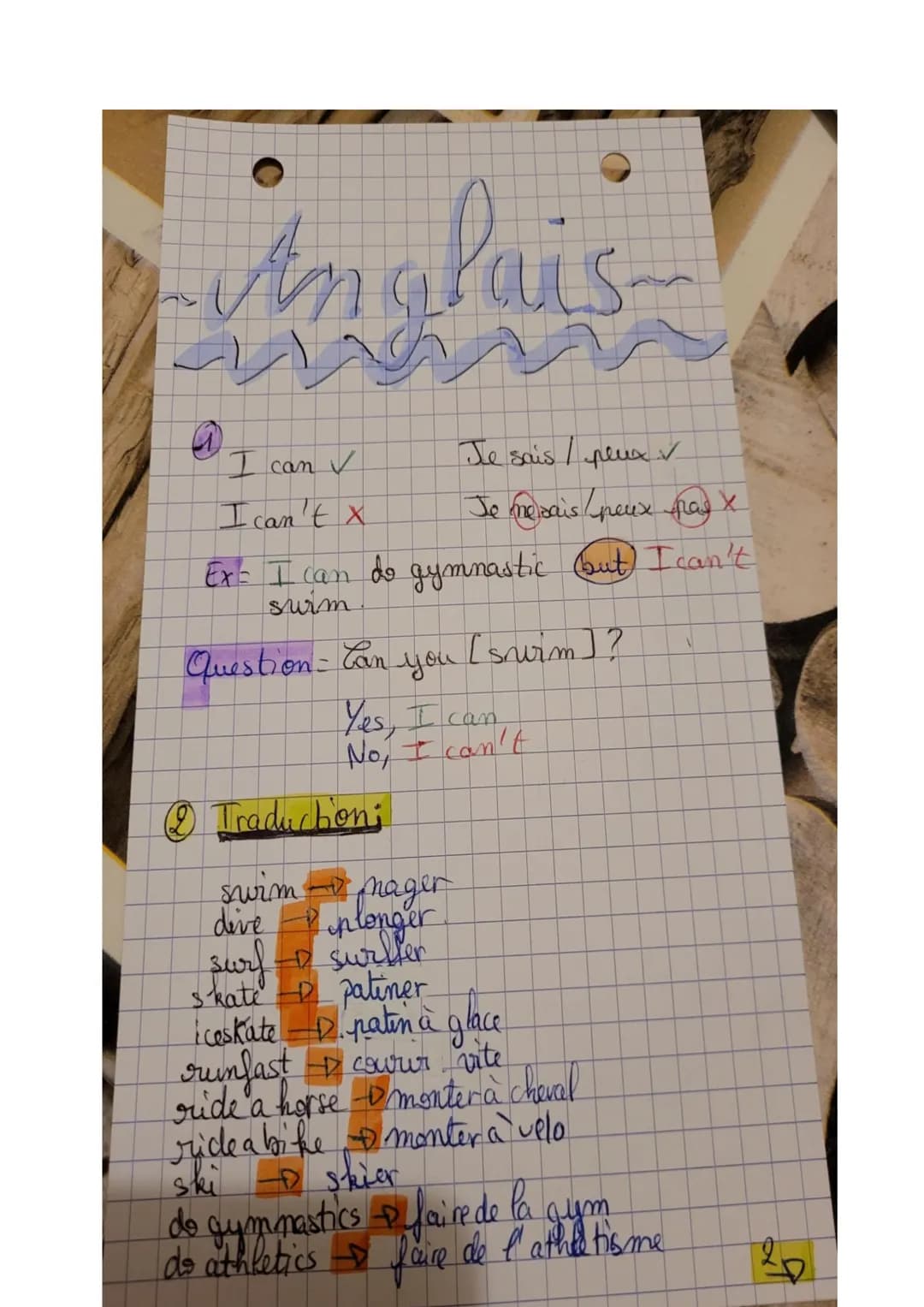 Anglais
w
a
Je sais/plux ✓
Je ne sais peux pas X
Ex= I can do gymnastic (but) I can't
swim
I can ✓
I can't X
Question - Can you
[swim]?
Yes,