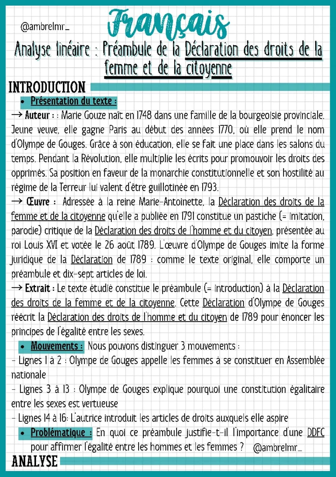 Quel est le Préambule de la DDFC ? Analyse Linéaire d'Olympe de Gouges