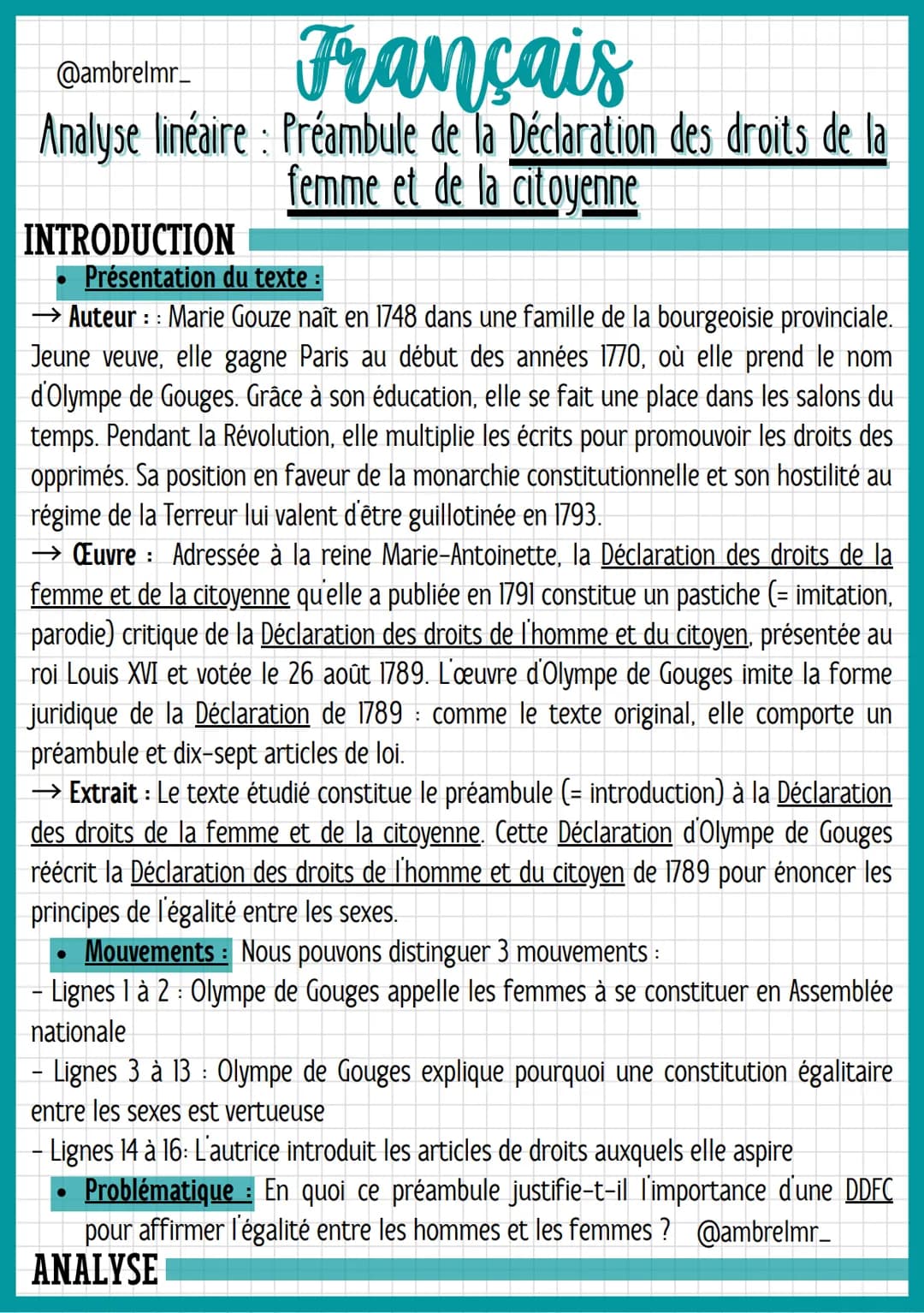 @ambrelmr_
Français
Analyse linéaire : Préambule de la Déclaration des droits de la
femme et de la citoyenne
de convaincre du bien-fondé (= 