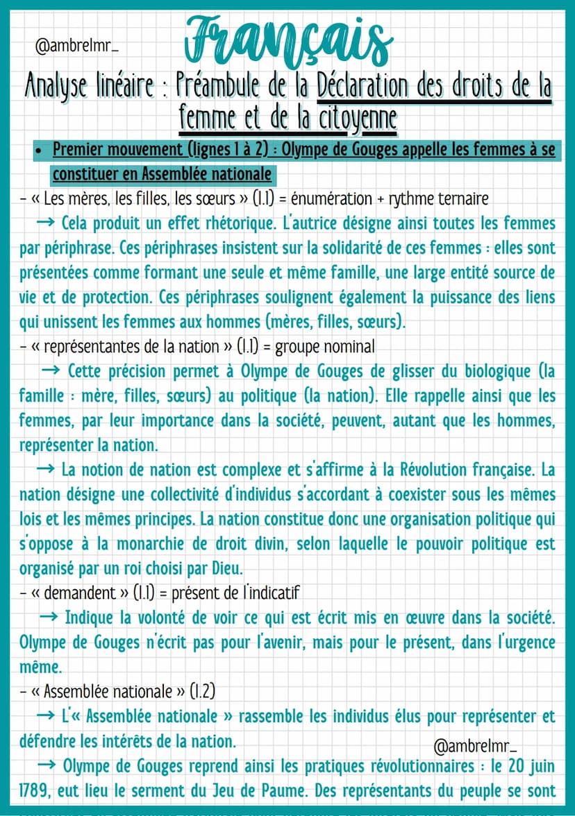 @ambrelmr_
Français
Analyse linéaire : Préambule de la Déclaration des droits de la
femme et de la citoyenne
de convaincre du bien-fondé (= 