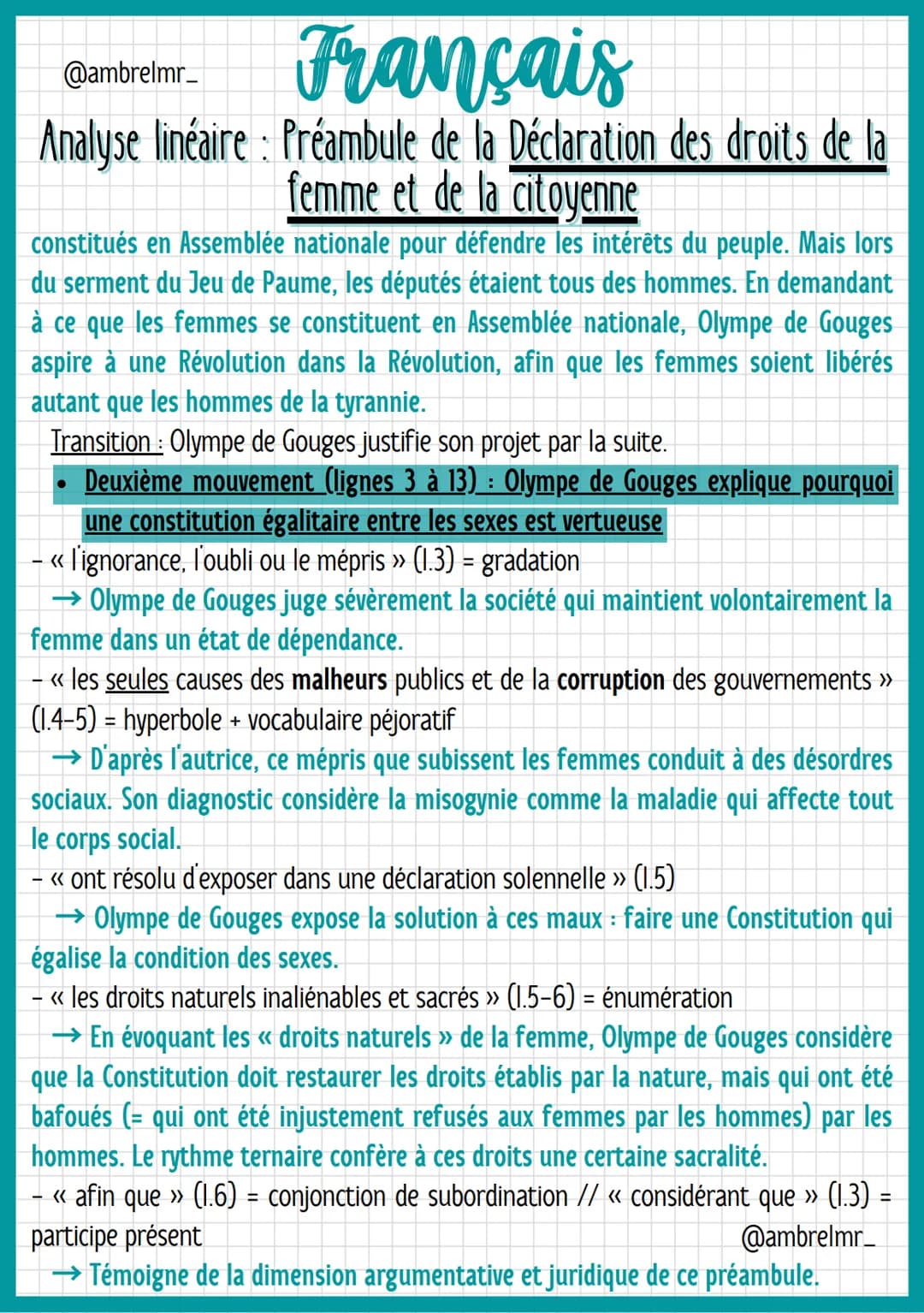 @ambrelmr_
Français
Analyse linéaire : Préambule de la Déclaration des droits de la
femme et de la citoyenne
de convaincre du bien-fondé (= 